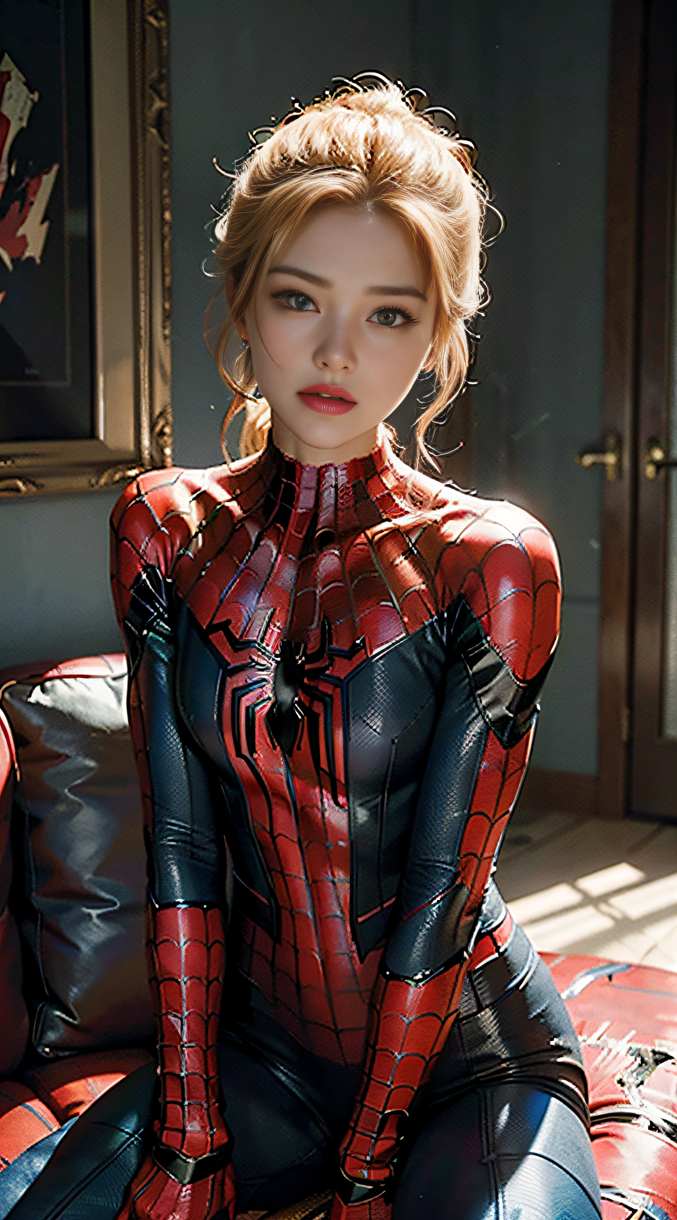 (Extreme Detail CG Unity 8K wallpaper, masterpiece, top quality), (exquisite lighting and shadows, very dramatic images, cinematic lens effects), girl in white Spider-Man costume, blonde hair color, Spider-Man parallel universe, Wenger, Marvel, Spider-Man, sitting on the sofa, dynamic pose), (excellent detail, excellent lighting, wide angle), (excellent rendering, enough to stand out in its class), white Spider-Man costume, focusing on complex spider textures