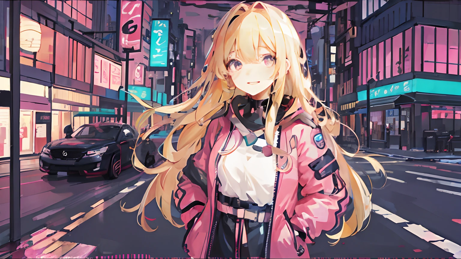 a woman in a pink jacket standing on a city street, best anime 4k konachan wallpaper, anime style 4 k, blonde anime girl with long hair, anime style. 8k, anime wallpaper 4 k, anime wallpaper 4k, high quality anime artstyle, anime art wallpaper 4k, anime art wallpaper 4 k, anime art wallpaper 8 k