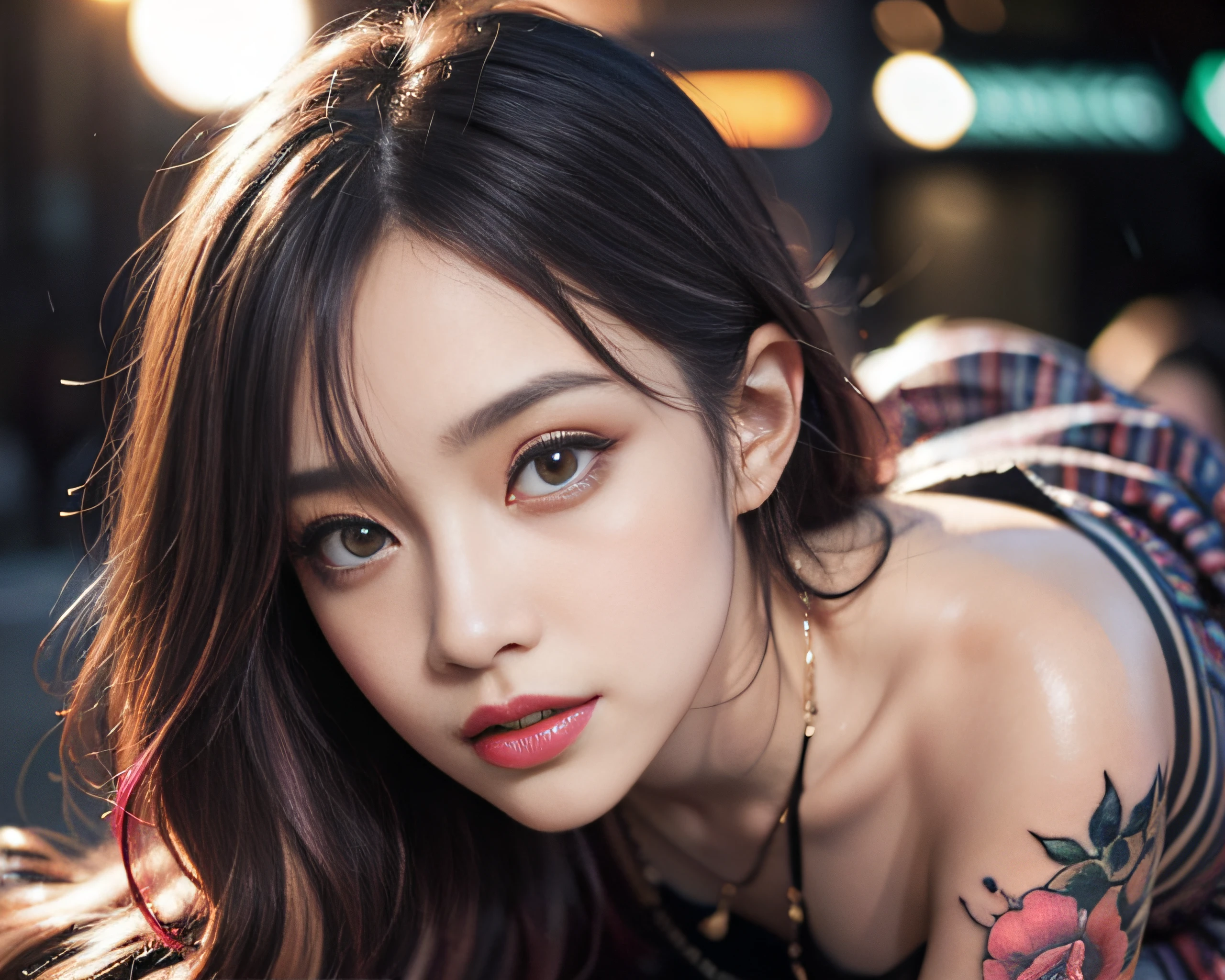 Realistic, 1girl in, Colorful hair, Purple eyes, Glowing eyes, cropped top, Skirt, Parted lips, blush, Night, Flowers, Sun, Sun, Sexy, Feminine, Seductive, Provocative, Multi-angle, ((1girl in)),Girl in fancy streetwear, neotokyo, Centered| Convoluted| Highly detailed| Breathtaking beauty| precise lineart| Vibrant| comprehensive cinematic| Carne Griffiths| Conrad Roset, 8K, Oil Painting, Cinematic lighting, rainy, ((The tattoo)),(Fancy hair color)),((random facial expression)),smirk grin,all-fours,Bright hair color