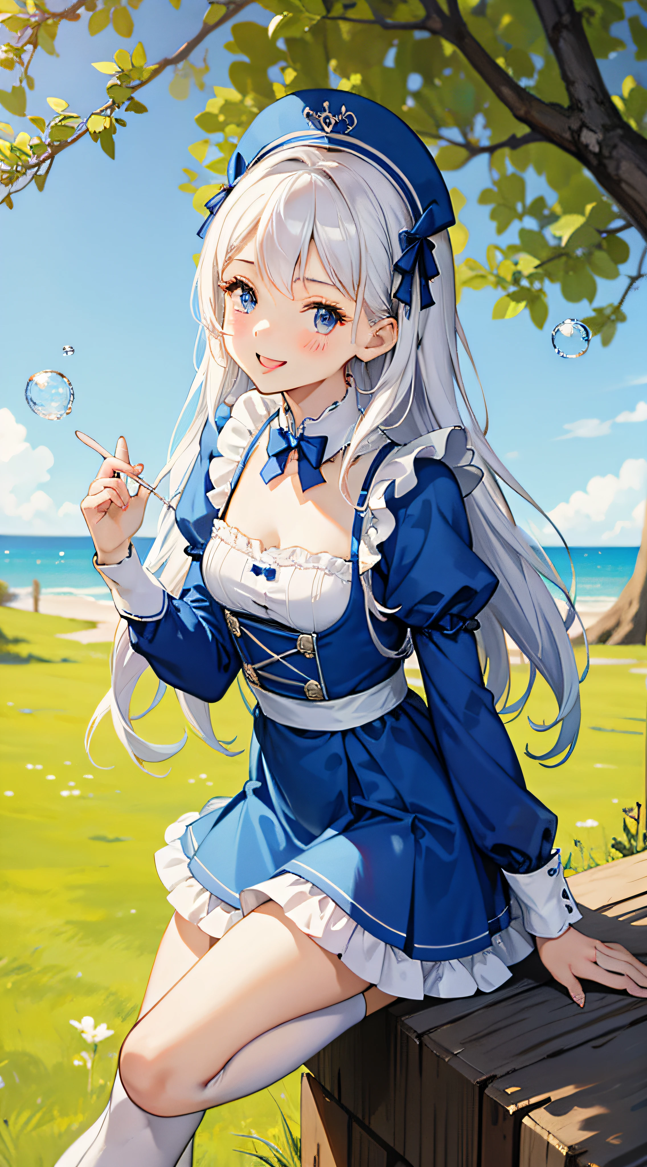 blue maid outfit,bubble head,Laughing with dimples,Round and sweet lips,Take the branch,long white hair,18-year-old girl,