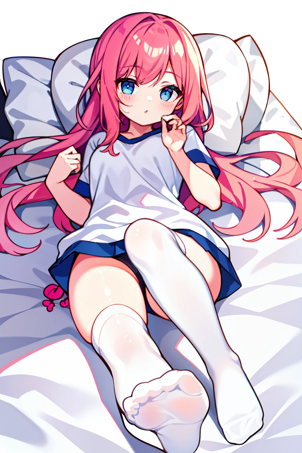 1girll,full bodyesbian,leisure wear,Fleshy legs,white stockings,Lie down in bed,Cute white background, (Speaking heart:1.4)