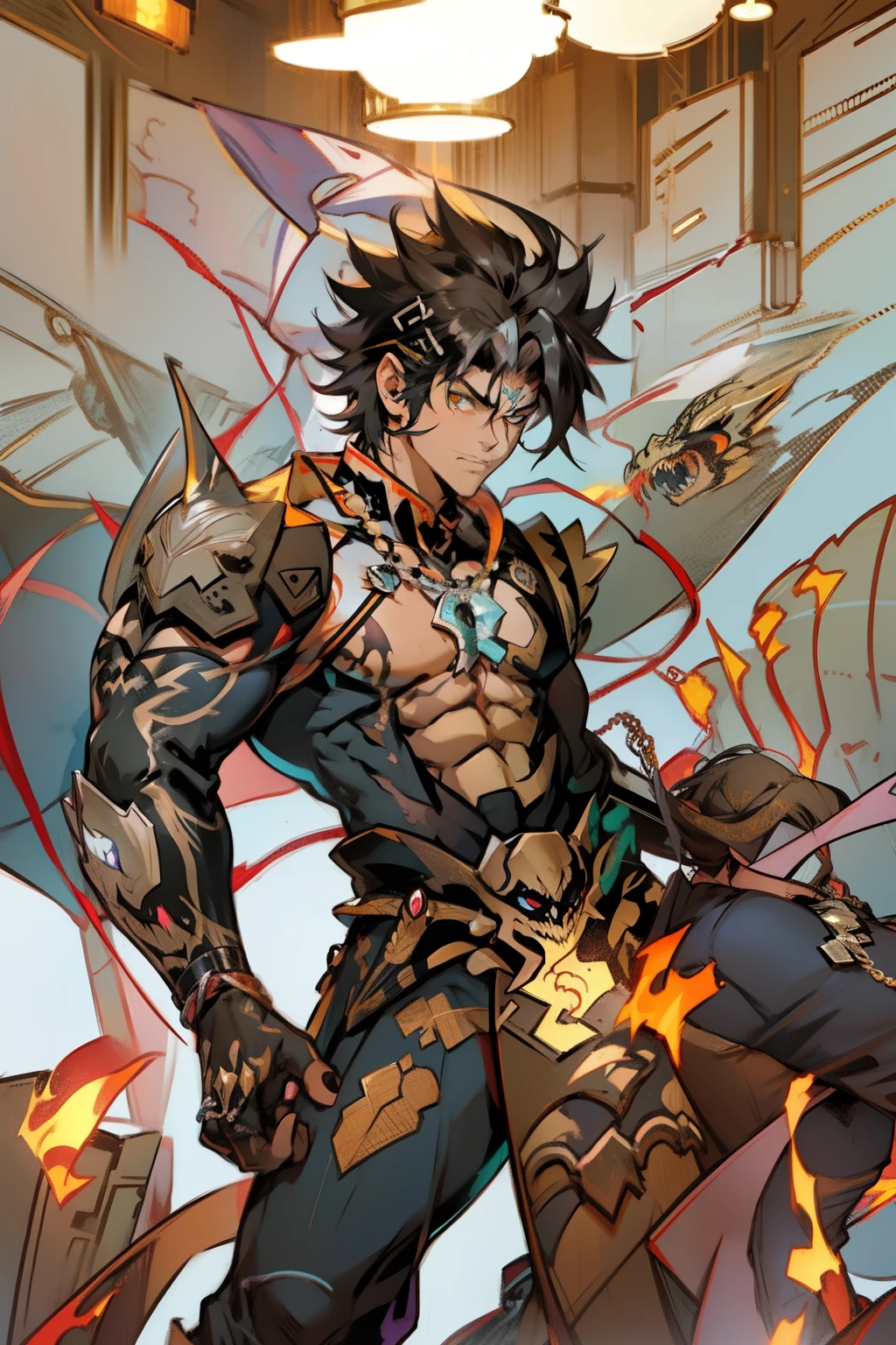 《the original god》Arataki Kazuto , male people,,((Masterpiece)), ((Best quality)), Ultra detailed,((illustration)), Dynamic Angle, Detailed light, (Delicate eyes), Floating, 1boy, Male focus, Head, Clothing, Yellow eyes, necklace, tattoo, (Forehead:0.8), (ahoge:0.8), jewelry, apathy,Ray, chest muscle, Sexy , Venom symbiote for your body, Black mucus of the body , (into venom), Venom,frontage,style of anime4 K, 4K anime wallpaper, Badass anime 8 K, 4 k comic wallpaper, young anime man, Anime boys, Anime wallpapers 4 k, Anime wallpaper 4K, High quality anime art style, Anime moe art style, Anime art wallpaper 8 K, Anime art wallpaper 4 K, RGB lighting