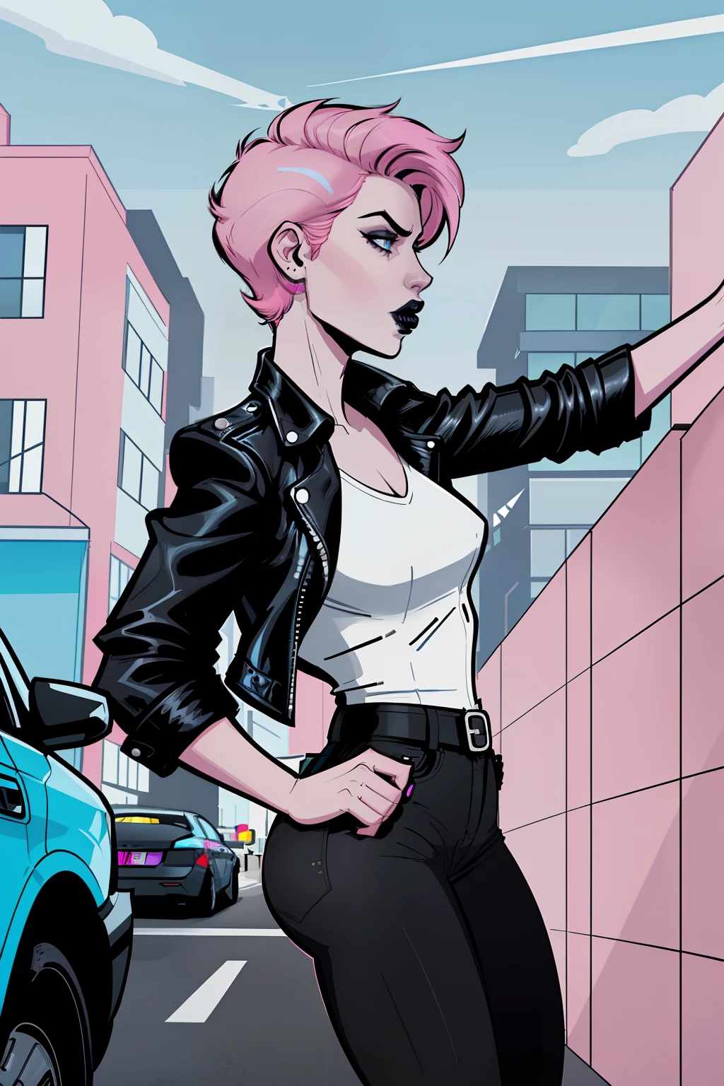 side view of a woman, getting arrested, day time, street, pale blue eyes, detailed short pink hair Short Side Comb haircut, angry expression, black lipstick, small tits, wearing a leather jacket, black pants, shirt, white shirt, comic book style, flat shaded, prominent comic book outline linework