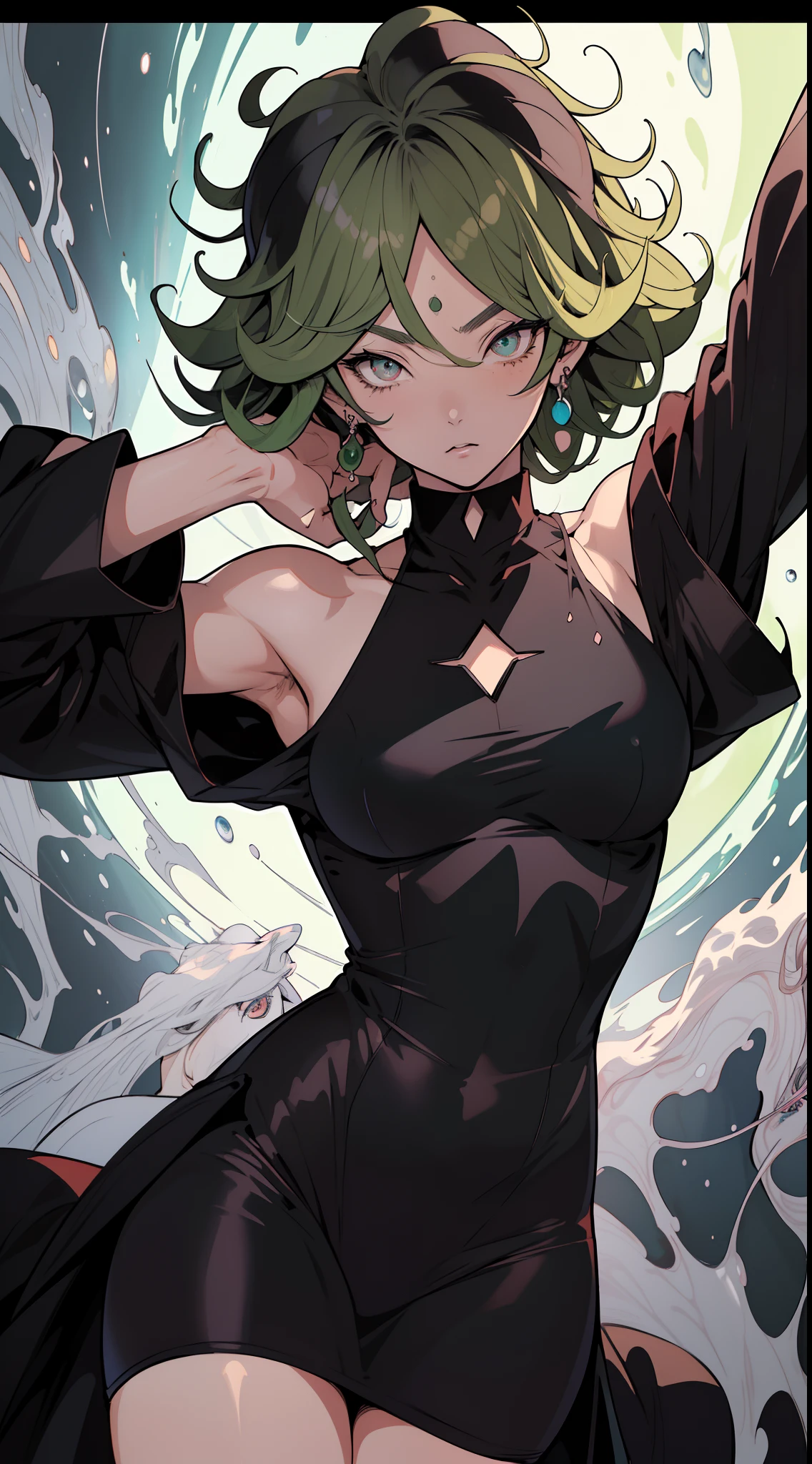 (anime) . Female ((Tatsumaki)), green eyes, black dress, in the space . (Masterpiece: 1.8), (64k quality), (final fantasy artwork concept), detailed (manga eyes + hair + clothes + body + face + colors + shoulders + eyes (globular + transparent + liquid) + (sharper drawings) + (shiny jewelry) + (clothes folds) + (rounded eyes) + (consistent clothes) + (clothing features) + (eyes line), better (colorful + (coarser line) + (black line) + finishing . [Drawing] (Anime (Manga (Comics))) + (Coarse Line: 1.8) + (Black Line: 1.8) + (Color: 1.8) + (Clean: 1.8) + (Contrast: 1.8) + (Black Outline: 1.8) + (adjusted colors: 1.8) + (shadow set: 1.8) + (manga eyes: 1.8), ((made homogeneous: 1.3))
