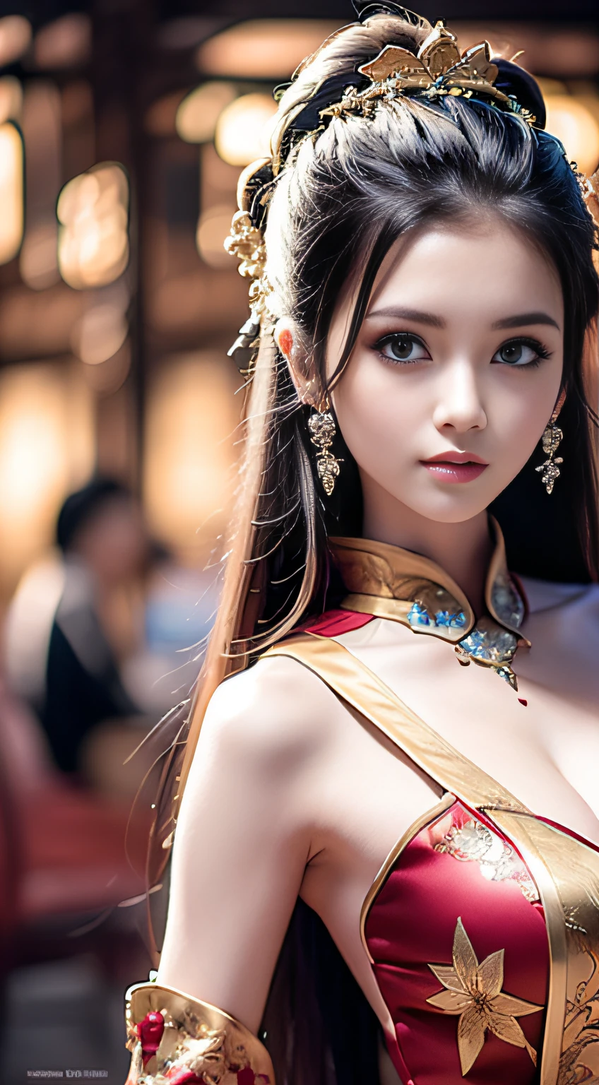 top-quality、tmasterpiece、A high resolution、Wuxi 1girl、(gold Chinese dress)、((Super beautiful face))、Super beautiful eyes、Super beautiful hair、(nedium breasts、Naked of breast、Sexy cleavage、Very detailed breasts)、