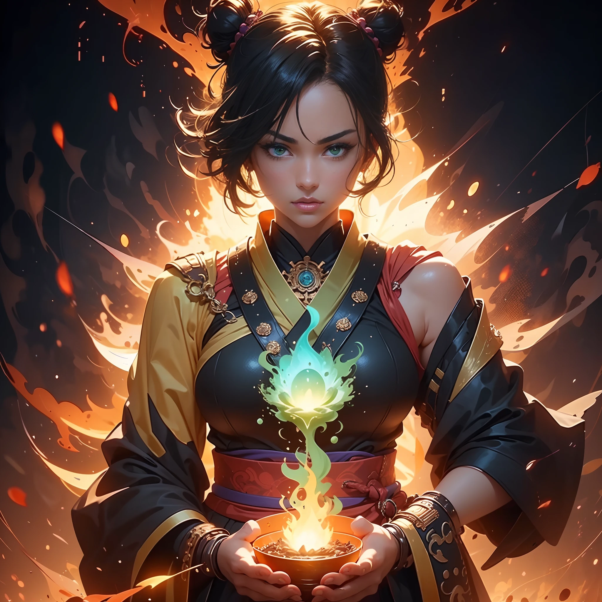 a young female mage, anime big breast, Black hair, black kimono，Green and flame, full bodyesbian, In the hands Place a strong and vivid red flame，It seems to burn with uncontrollable magic。 3D model, Renders, Magical background, Blander, Unreal Engine 5, Cartoon, full bodyesbian, vibrant, Colorful, splash art style, Fire visual effects green and purple, strong colors, Saturation, vibrant, Black background, The hair sticks to the samurai bun and two strands of bangs