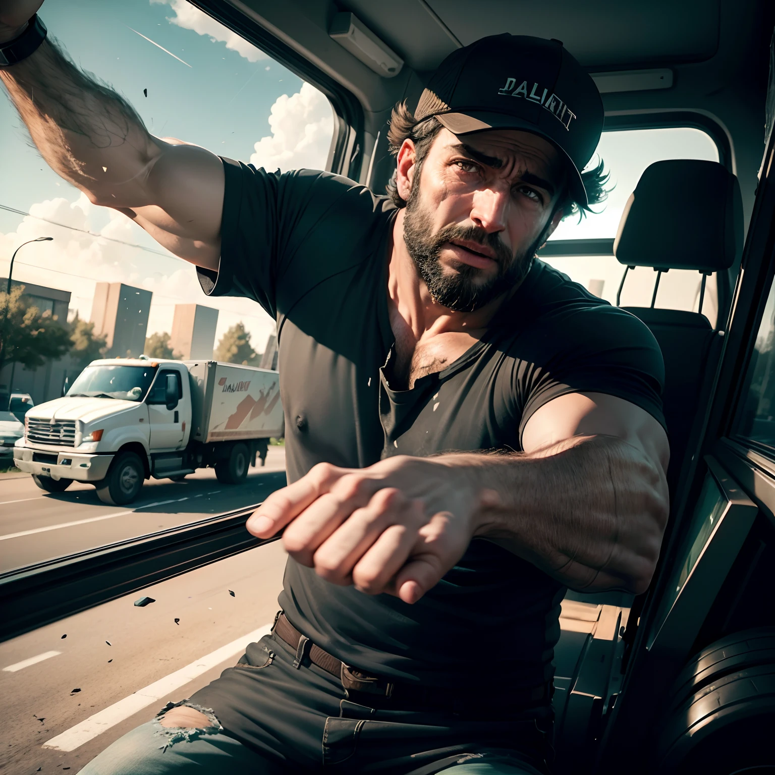 A rugged man bravely driving a truck, intense collision, shattered windshield fragments in mid-air, man protecting himself, dark night setting with a brownish tint. --auto