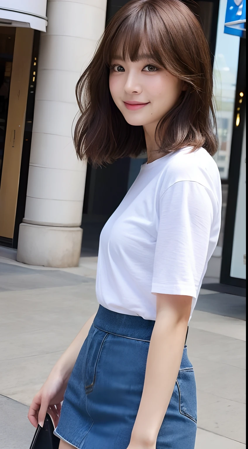 (8K、Raw photography、top-quality、masuter piece:1.2)、ultra-detailliert、ultra res、(realisitic、rialistic photo:1.37)、portlate、high-definition RAW color photography、Professional Photography、highly detailed and beautiful、ighly detailed、8K Picture Wallpaper、amazing detailed、huge filesize、Official art、Highly detailed CG Unity 8K wallpapers、highly detailed beautiful girl、extra detailed face、extremely detailed eye、highlydetailed skin、extremely detailed fingers、highly detailed nose、very detailed detailed mouth、Perfect Anatomy、highly detailed back ground、Highly detailed clothing、女の子 1 人、(18:1.2)、、Cutel s、famous Japan idol、cute little、Realistic body、小柄、de pele branca、glistning skin、Slim body、Handsome body、brown haired、short constricted curly hair、(Blunt bangs:1.2)、A smile、kawaii、zora々Right、kawaii faces、Lifelike face、Delicat eyes、Sauce order、White T-shirt、skirt by the、耳Nipple Ring、Looking at the camera、cowboy shot、front facing、Standing、Contrapo, high street, public, 动态照明,short-hair、bobhair、shorth hair、People taking selfies with their smartphones