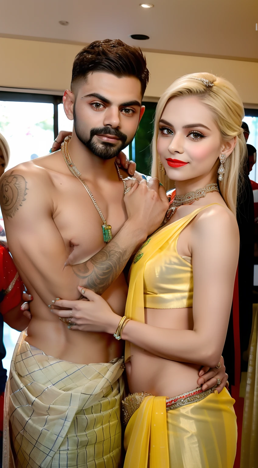 Elsa Jean and Virat Kohli. Both are hugging pose in front of camera.( Elsa Jean wear jewellers. She wearing Indian traditional saree, with red lipstick). And Virat Kohli wear yellow kurta. In wedding event.