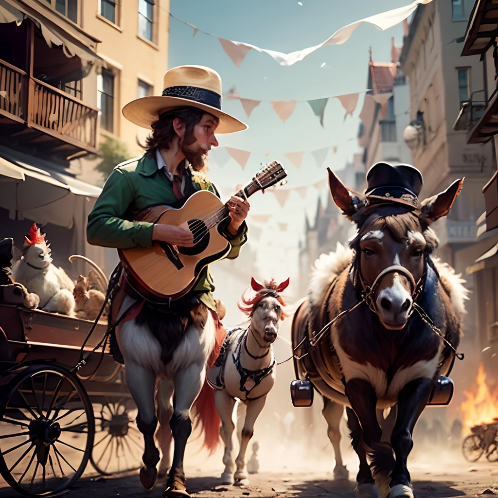 1400 years. German fairy tale. Cheerful funny Bremen musicians (donkey, cat, dog, rooster and a young guy), in hats and pop old costumes, play musical instruments, the stage is a big cart, Close-up, super photorealistic, cinematic, dynamic, cartoon style. --auto --s2