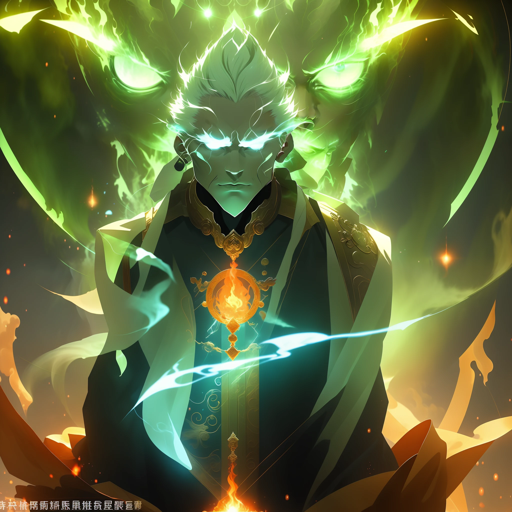 Create the image of a female mage master in a magical and futuristic environment，A gorgeous costume that combines green and gold must be worn，Its technical details and elements make it a unique and advanced garment。Its appearance should be majestic and mysterious，Deliver strength and wisdom，
In the hands of the mage，Place a strong and vivid red flame，It seems to burn with uncontrollable magic。The flame should stand out in a bright way, glowing details，Heat dissipation and energy。
The background can be a mysterious refuge，Enchanting forests or exotic planets，Its landscapes highlight the magic of the characters。Feel free to add magical details and futuristic elements to the environment，Make it visually mesmerizing，Mages should maintain a confident posture，Reveal his connection to mysterious energy by skillfully and dexterously controlling the red flame。
Let your imagination flow，Create stunning wizard images，Depict all his magic in a futuristic context。
