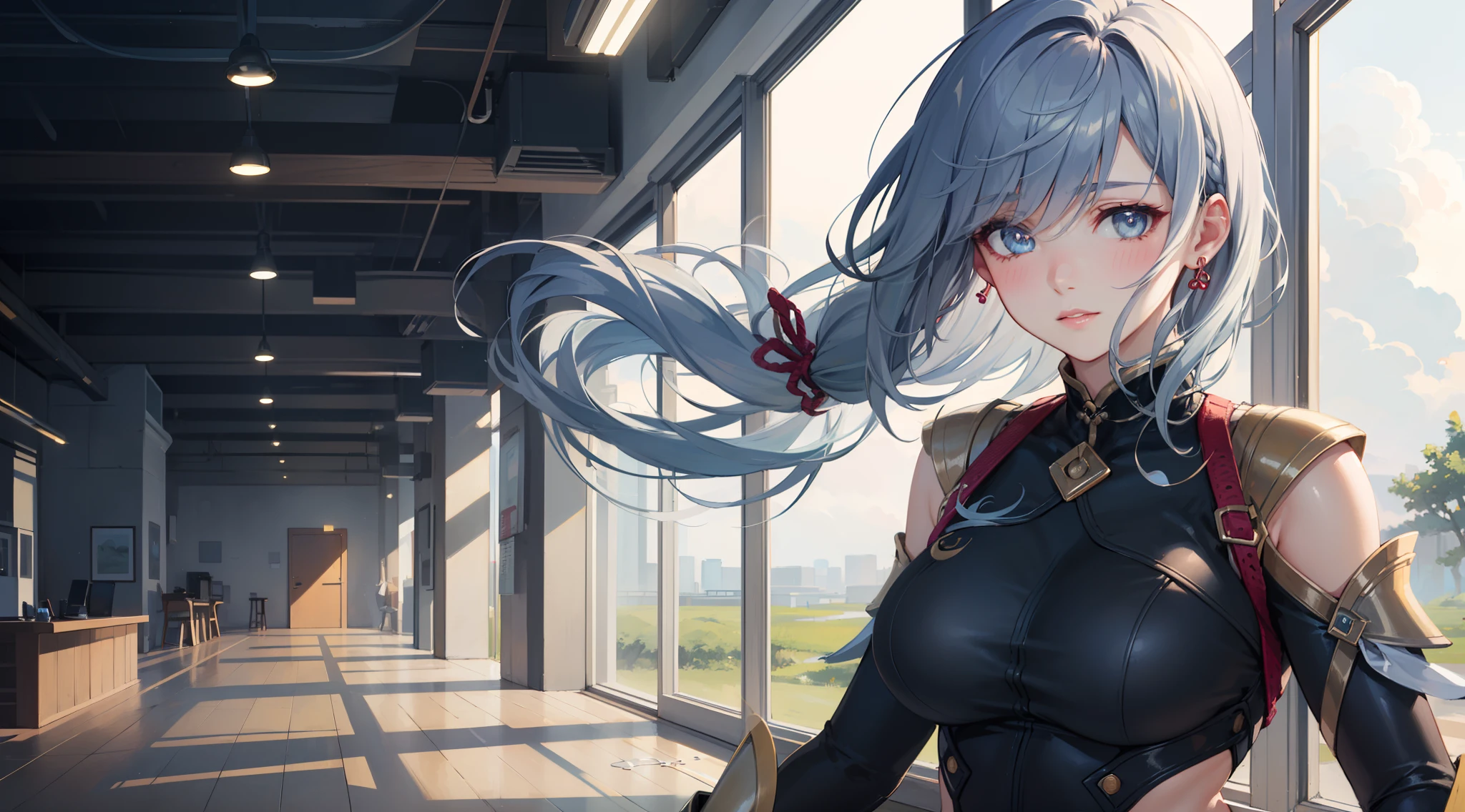 electrician girl, electrician suit, upper body, seductive look, blush, indoors, in office, looking at viewer, cloudy, moody lighting, (perfect detail eyes:1.2), glowing eyes, (long hair one braid:1.2), elemental skill effect, (Masterpiece, Best Quality, High Quality:1.4), professional artwork, Intricate Details, field of view, sharp focus, detailed painting, photorealistic lighting, trending on pixiv, (vivid lighting, vibrant colors:1.05), realistic shadows, ambient occlusion, (athletic body:1.3), mature woman, 30yo, shenhe, hyperdetail eyes, beautiful eyes, (((solo:1.4))), semi-realistic hair