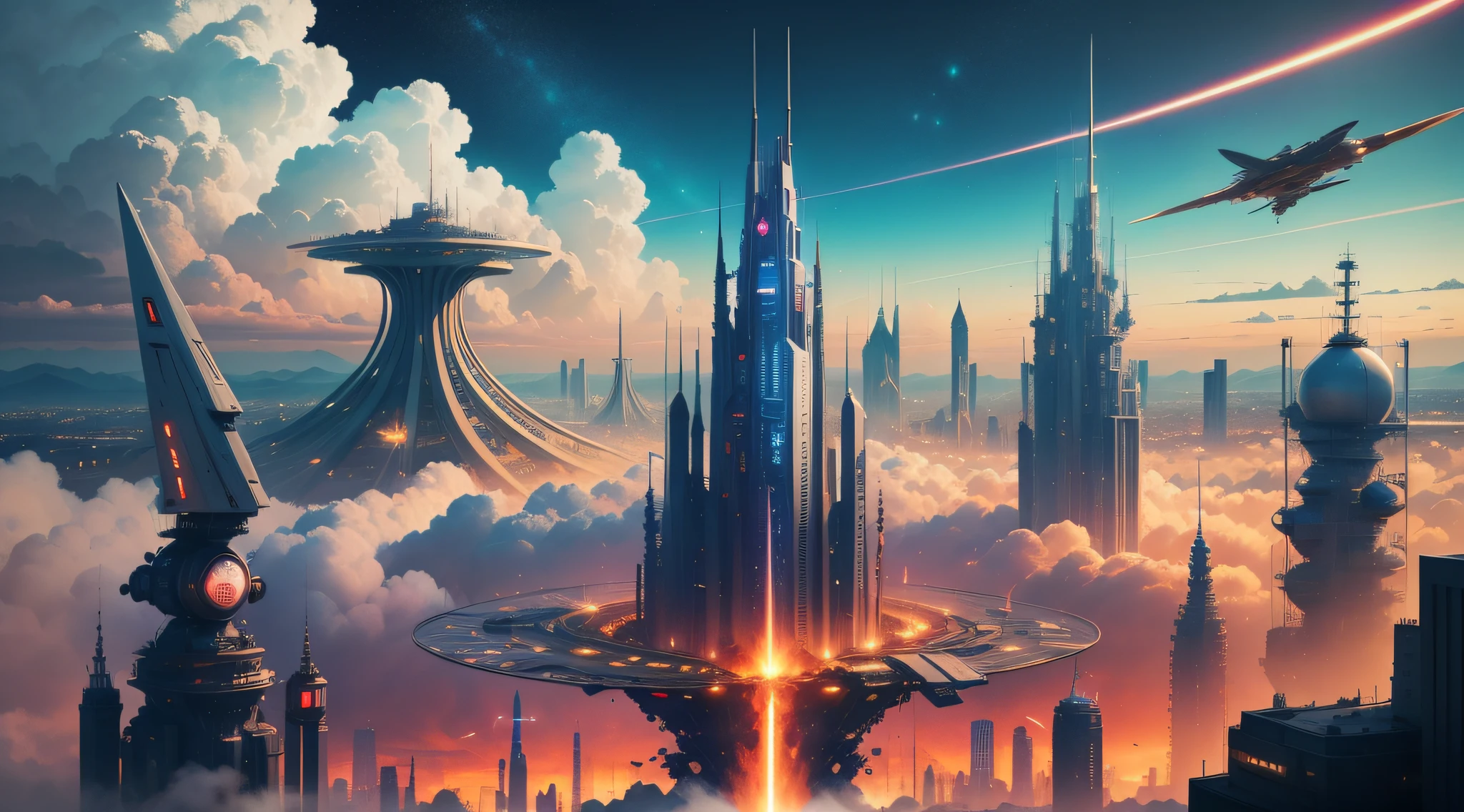 A city of science fiction，Magical colors，Technopolis as the background，down view，grand，The number of small fighters in the sky is 10