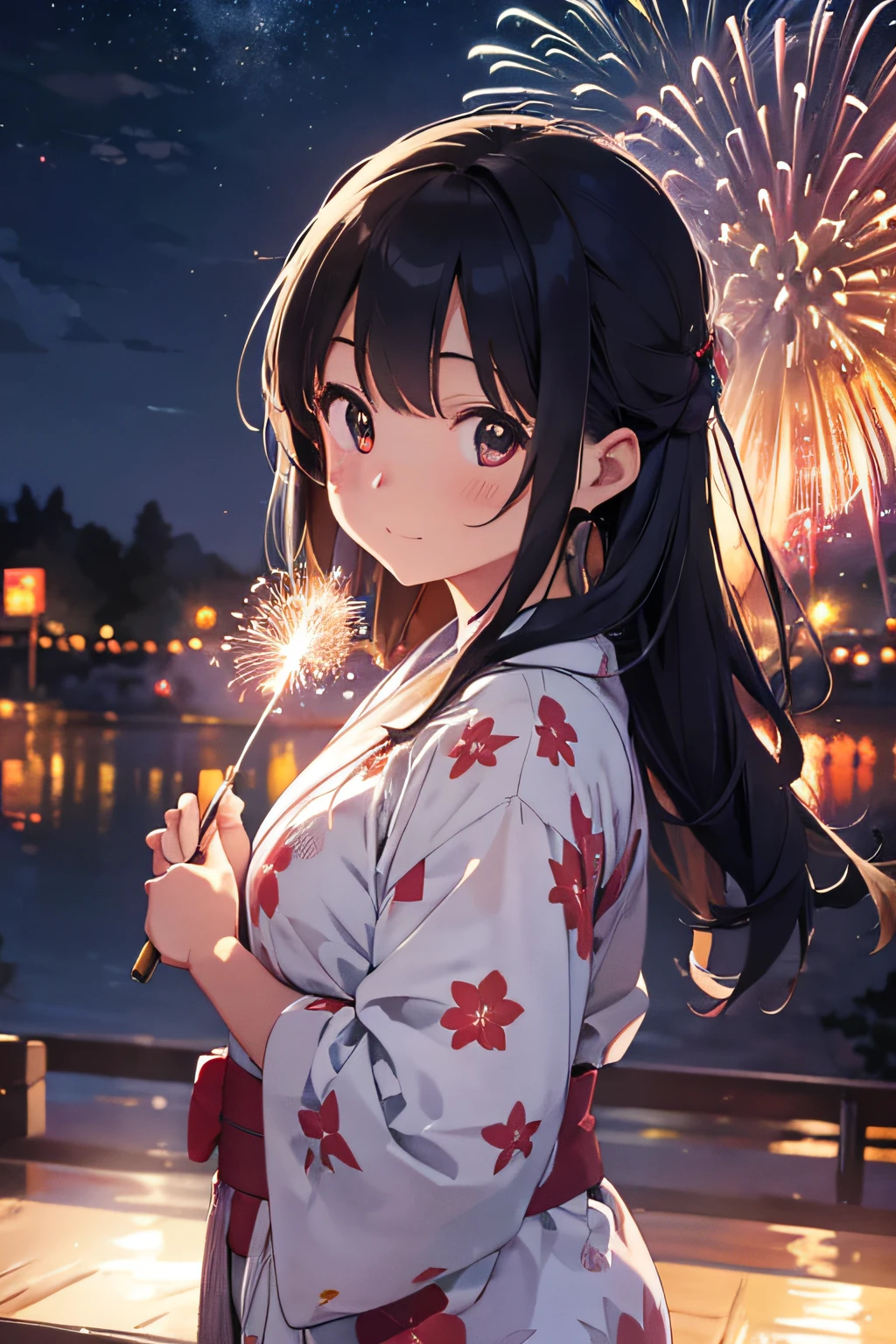 Draw beautiful illustrations of the highest quality on fireworks display posters、Vivid fireworks light spreads in the beautiful night sky、Expressing the fun atmosphere and bustle of the venue。Girl in Yukata