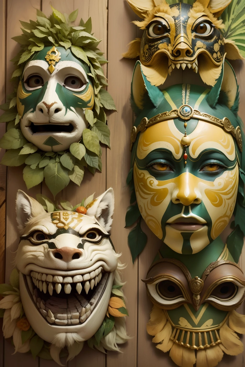 ((Masterpiece)), ((Best quality)), ((High- sharpness)), ((Photorealsitic))，Mask design，closeup cleavage，Woody，Encaustic painting，Ancient architectural masks，Animal masks，CannibalPlant，photorealestic。