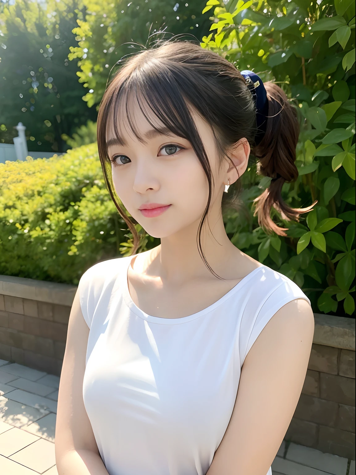 in 8K、top-quality、​masterpiece、ultra-detailliert、超A high resolution、profetional lighting、1 girl of 20 years、portlate、Short ponytail、Scrunchie、Put your ears out、Tear bag、二重まぶた、Gentle eyes、azure eyes、耳Nipple Ring、A slight smil