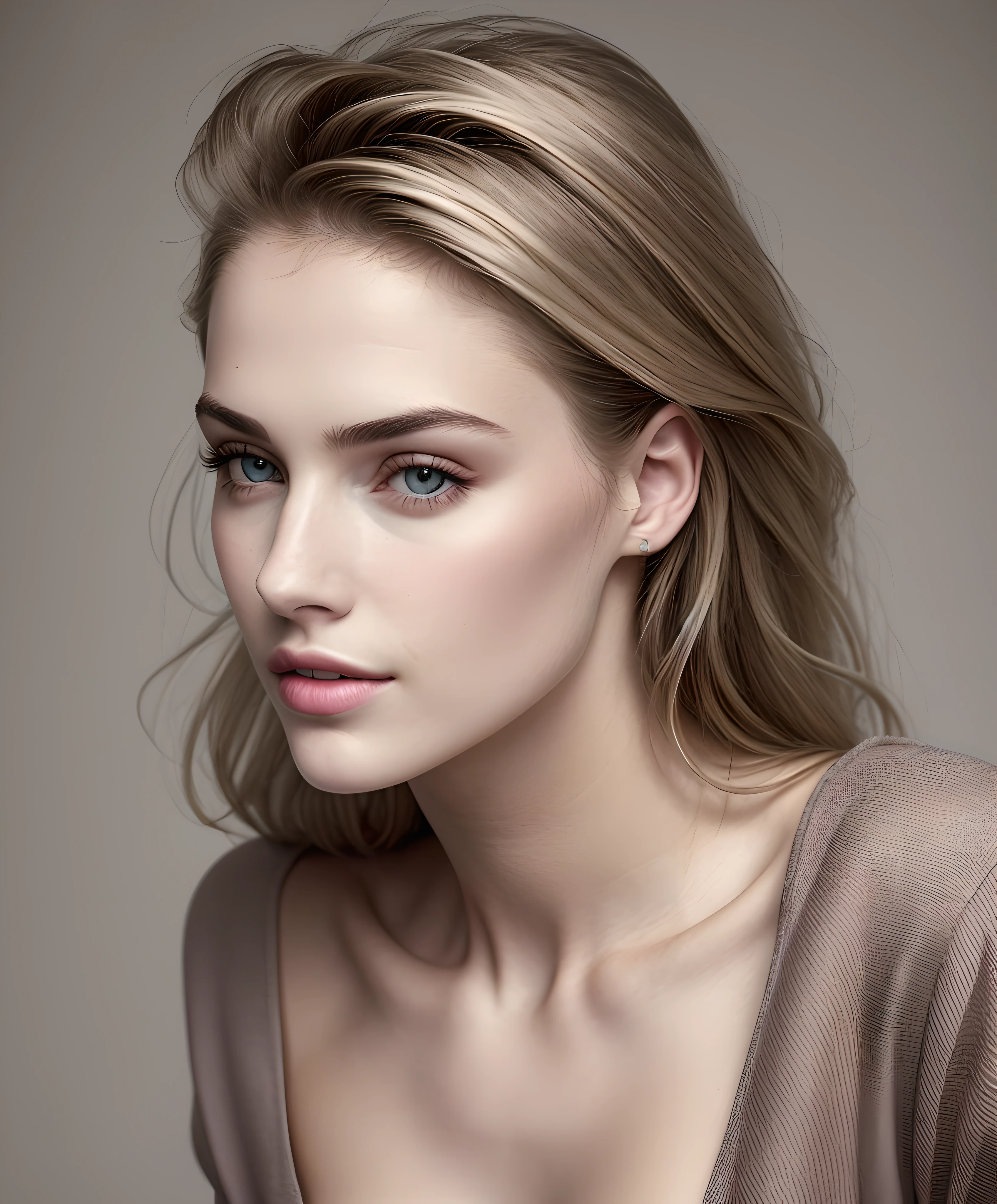 fashion model 25 years old, [[[[closeup]]]], [[[[chest]]]], [[[[neck]]]], [[[[shoulders]]]], perfect eyes, perfect iris, perfect lips, perfect teeth, perfect skin, soft front light, glow, HDR, (muted colors:1.2)