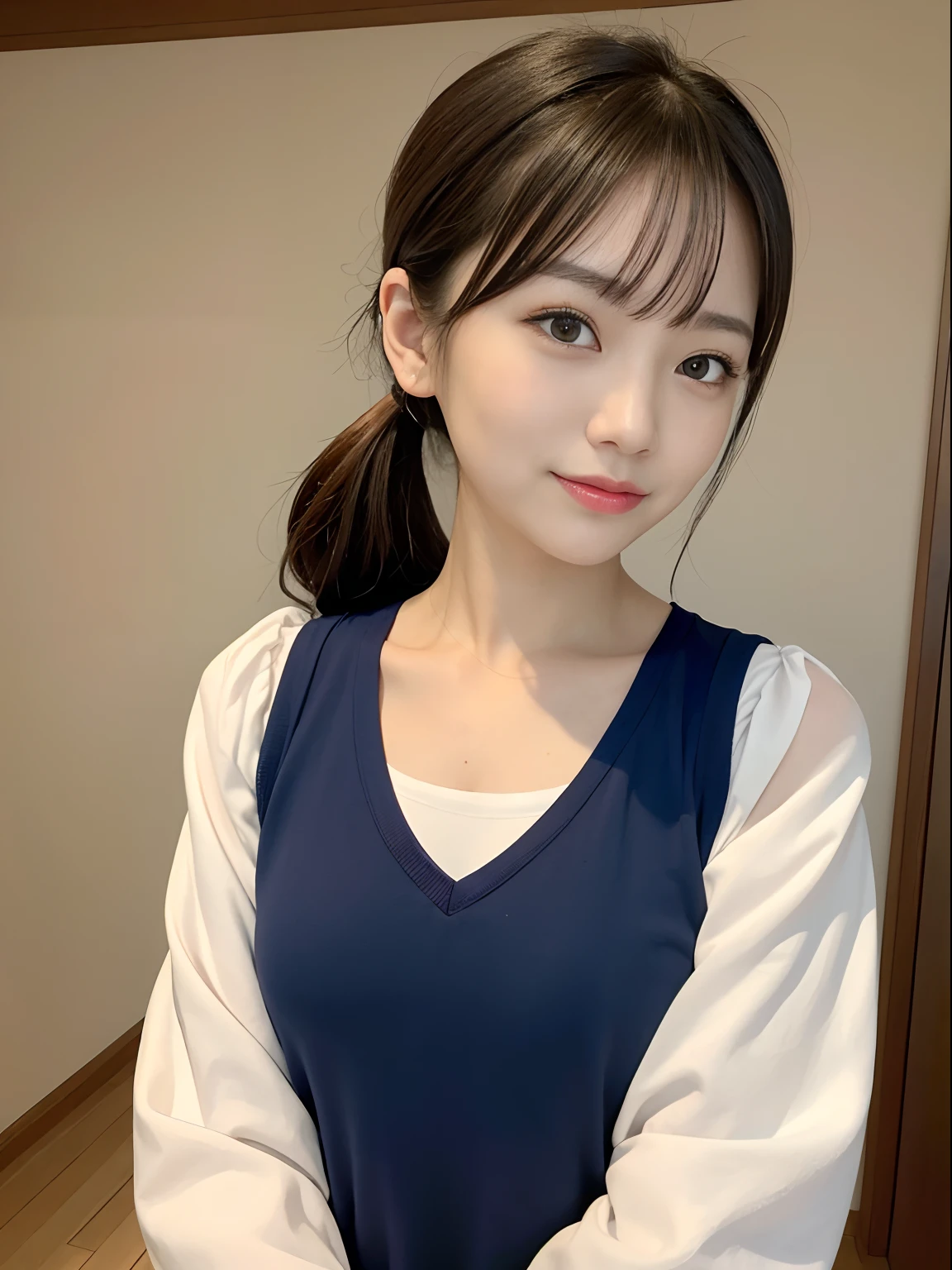 in 8K、top-quality、masterpiece、ultra-detailliert、超A high resolution、profetional lighting、1 girl of 20 years、portlate、Short ponytail、Scrunchie、Put your ears out、Tear bag、二重まぶた、Gentle eyes、azure eyes、耳Nipple Ring、A slight smil