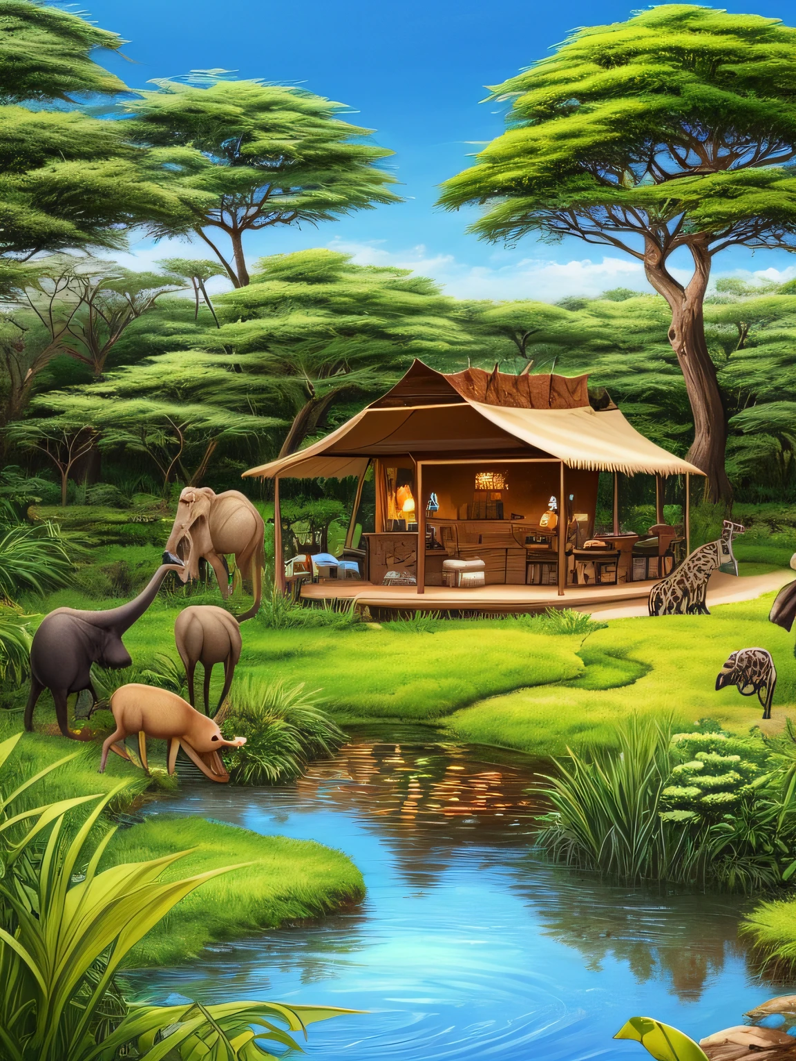 (safari:1.2), cafe, (animals:1.5), coffee, (explores' uniforms:1.2), pond, colorful stones, Illustration, anime, manga,Elysian, plants,