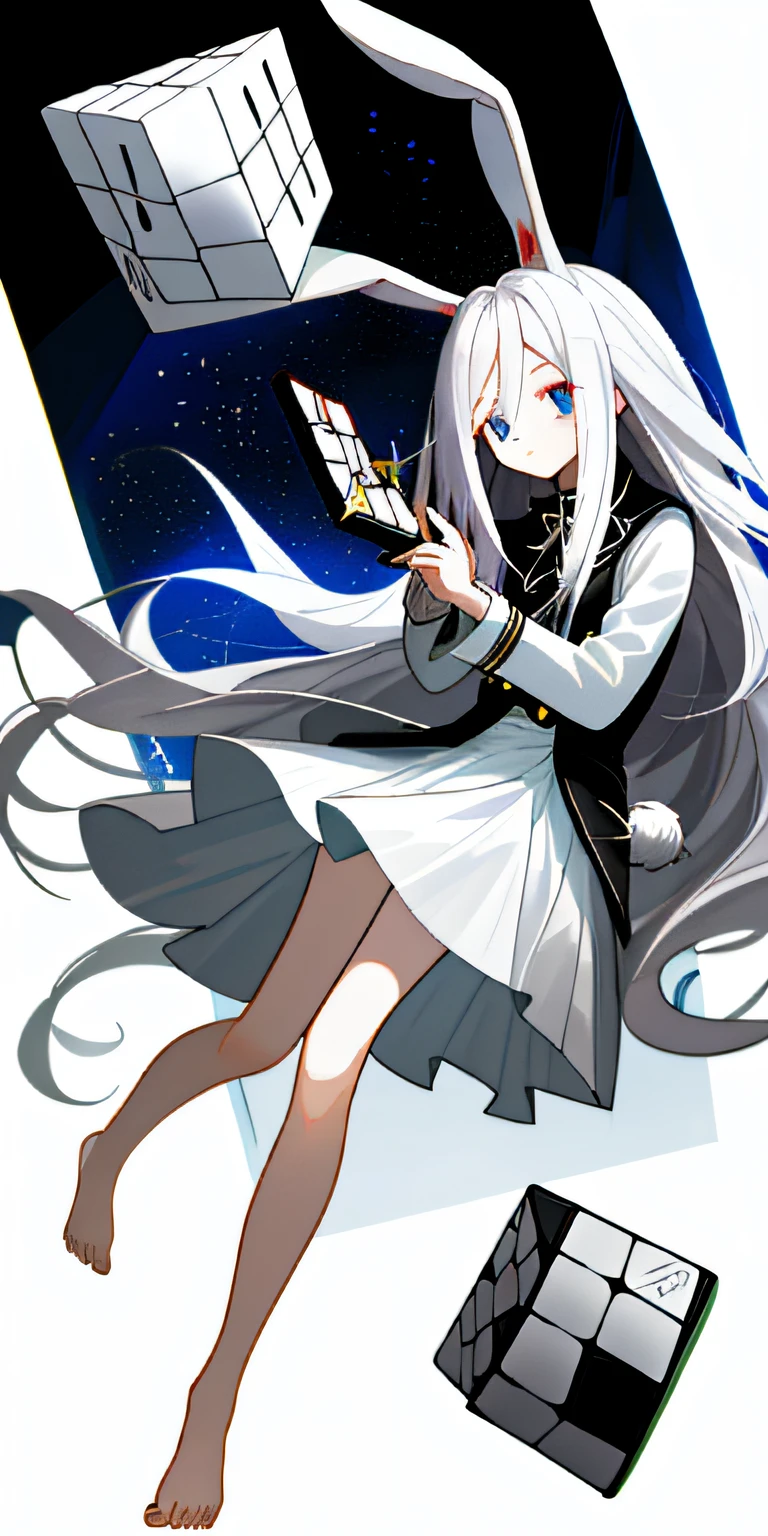 (tmasterpiece,best qualtiy),1 girl with long white hair,There are white rabbit ears on the head,Handsome face,Student uniform white dress,Barefoot,Gray pupil color,Black and white Rubik's Cube suspended in hand,