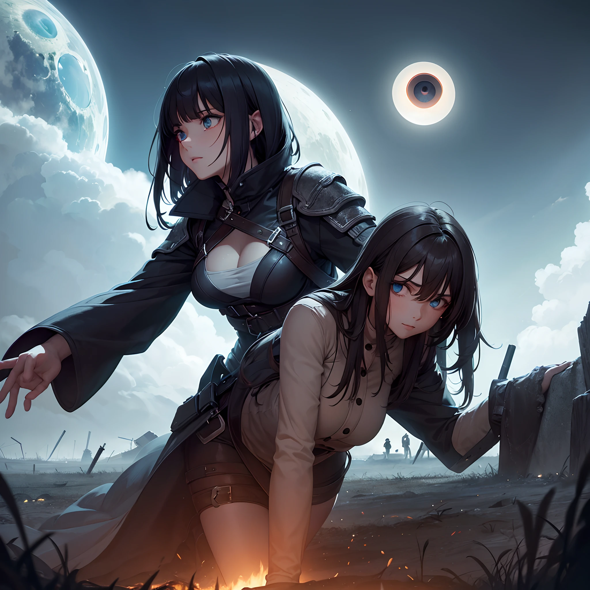 The young woman finds herself at night in the field surrounded by corpses while a giant eye watches her from the sky, she tries to flee in terror but wherever she runs, the giant eye does not stop looking at her