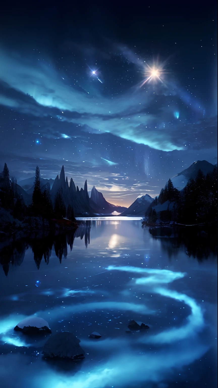 blue-sky,As estrelas,Lake in the middle, magical sparkling lake, Beautiful night sky, magical scenery, nighttime scene, alien breathtaking landscape, Ethereal aurora spirit, Beautiful alien landscape, stars reflecting on the water, Magnificent background, extremely beautiful and ethereal, cosmic starry sky, luminous stellar sky, Cosmos Sky, nighttime nature landscape, stunning alien landscape, dream scenery art,