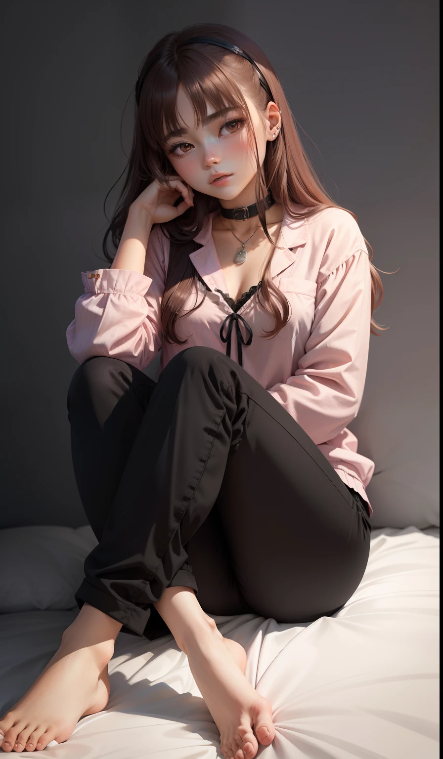Sleepy girl,22 year old,realisticlying,She wore long trousers,Wearing pink pajamas,brown hair。Kidnapped,A hand rested on her leg,Long legs,The legs are wearing torn black silk,There is a dog collar around the neck,There are orthographs on the body,Hands and feet are tied,Be red in the face,Seductive expressions