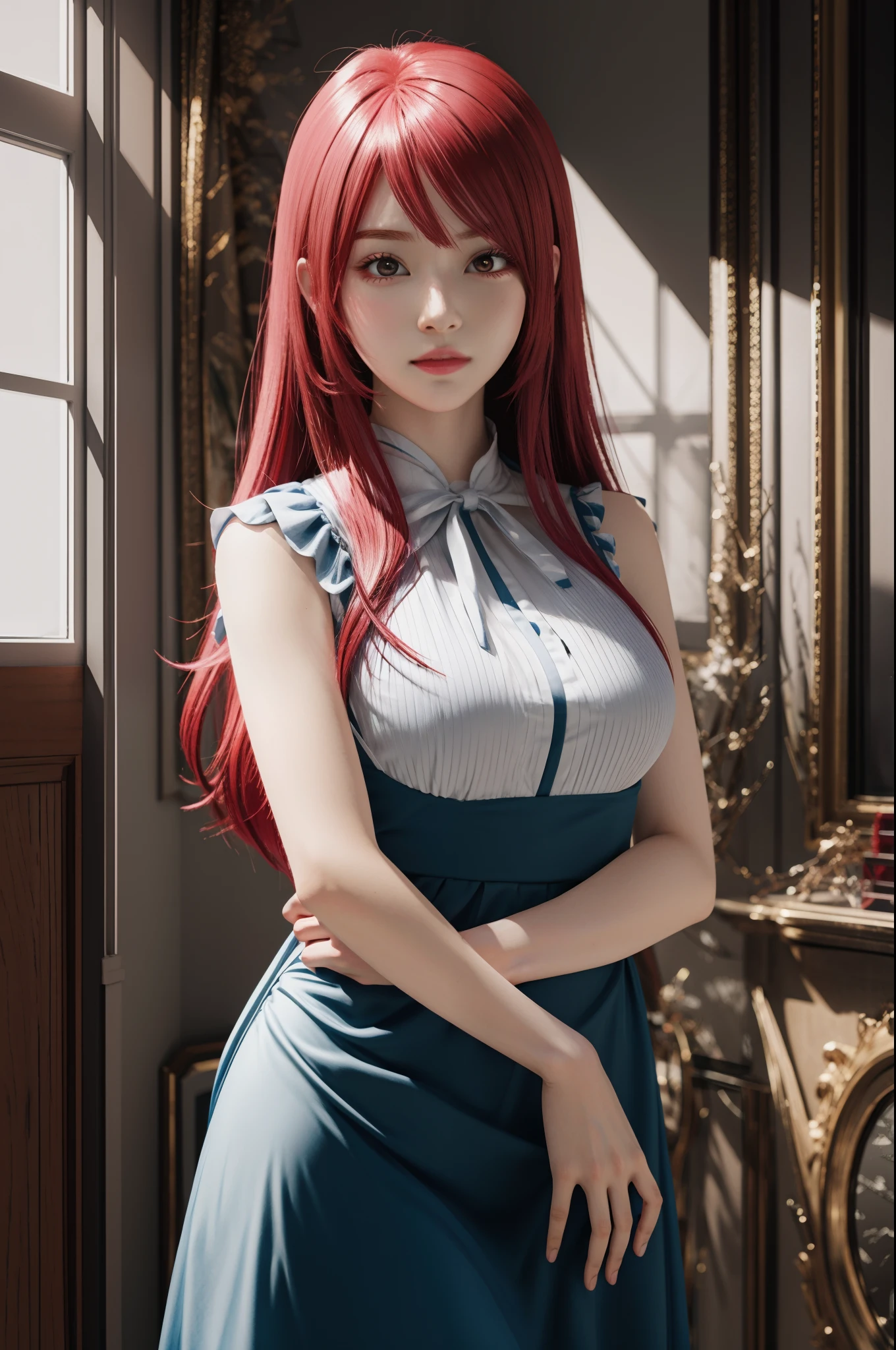 anime girl with red hair and blue dress posing in front of a mirror, realistic anime 3 d style, hyper realistic anime, photorealistic anime, erza scarlet as a real person, photorealistic anime girl render, seductive anime girl, realistic anime artstyle, beautiful alluring anime woman, highly detailed,high detailed,realistic young anime girl, 3 d anime realistic, realistic anime