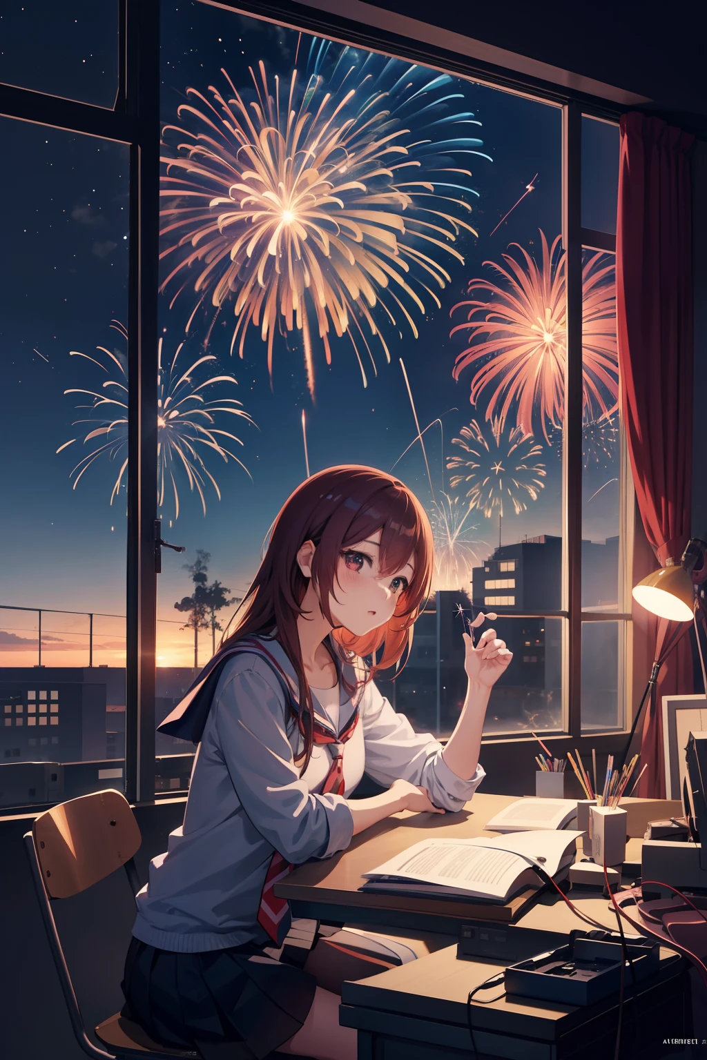 Anime girl sitting at desk with fireworks background, anime style 4 k, 4k anime wallpaper, anime art wallpaper 4k, anime art wallpaper 4k, anime wallpaper 4 k, anime wallpaper 4k, sparklers, Anime art wallpaper 8k, [ Fireworks in the sky ]!!, 4 k manga wallpaper, anime girl desktop background, anime vibes, Anime Background