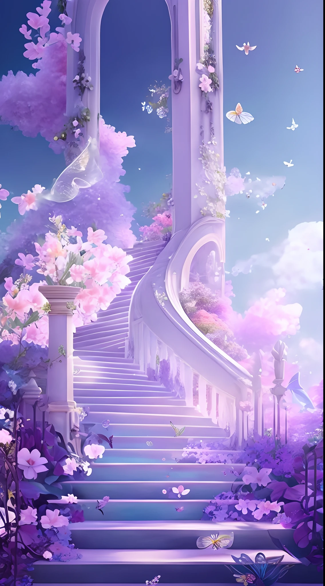 Stairs lead up to a lovely garden,There are flowers and sky background, blossoming path to heaven, fantasy aesthetic!, stairway to heaven, magical fairy background, dreamy scenes, Ethereal background, fantasy aesthetic, Ethereal fantasy, leading to a beautiful, beautiful render of a fairytale, fairy tale style background, entrance to ethereal realm, very magical and dreamy, dreamy aesthetic