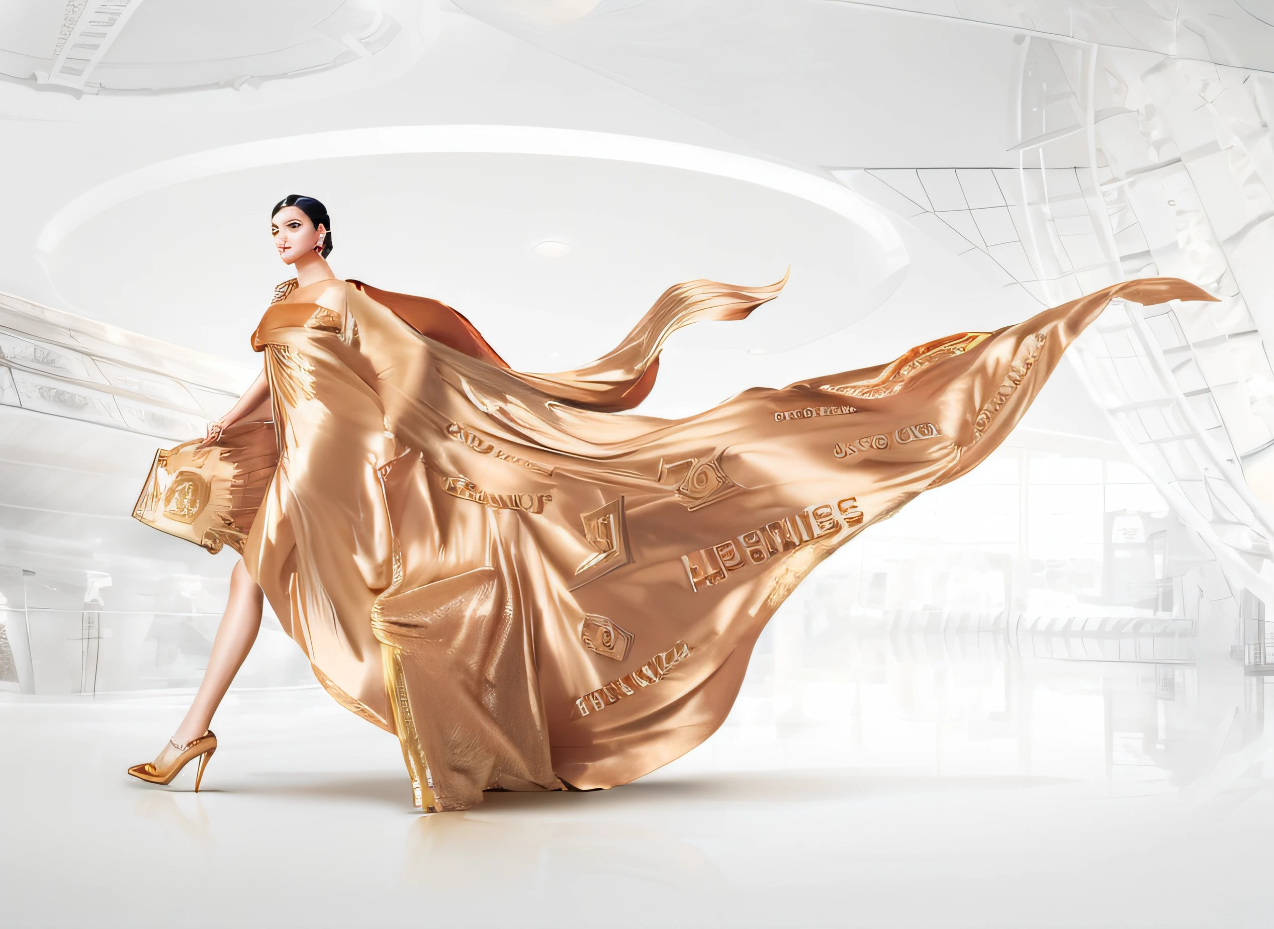 Arakfi woman in a golden dress and golden cloak, hermes ad, Wearing a luxurious silk cloak, Flowing realistic fabric, flowing golden scarf, draped in silky gold, advertising photograph, Gold clothes, flowing shimmering fabrics, gold and white cloak, draped in flowing fabric, hyper realisitc, luxury advertisement, Flowing fabric, Flowing cape, high detailed photography cape
