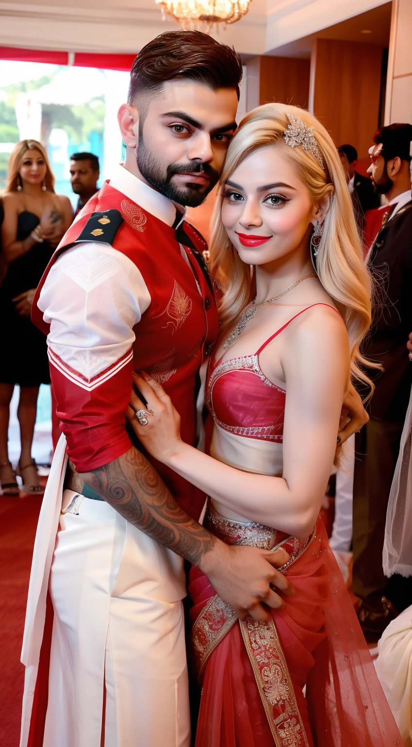 "Elsa Jean and Virat Kohli in a warm embrace, captured in a candid moment. Elsa Jean is adorned with exquisite jewelry, wearing a stunning Indian traditional saree, complemented perfectly by her striking red lipstick. Meanwhile, Virat Kohli looks dashing in a stylish kurta. The scene unfolds at a grand wedding event."