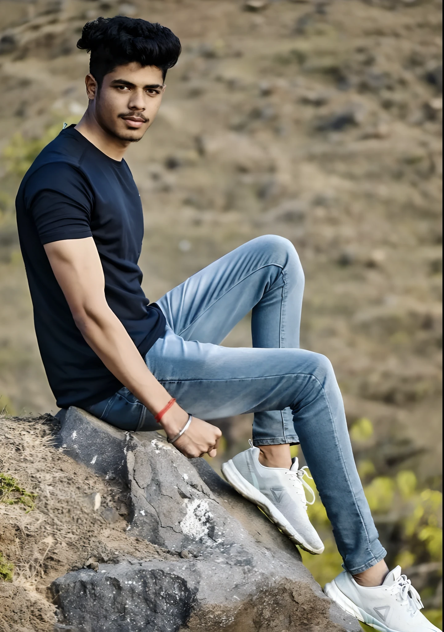 arafed man sitting on a rock with his feet on the ground, casual pose, with a cool pose, casual photography, modeling shoot, jeans and t shirt, tight blue jeans and cool shoes, very cool pose, wearing a dark shirt and jeans, stylish pose, modeling photography, cool pose, attractive pose, photoshoot, masculine pose, full body photogenic shot