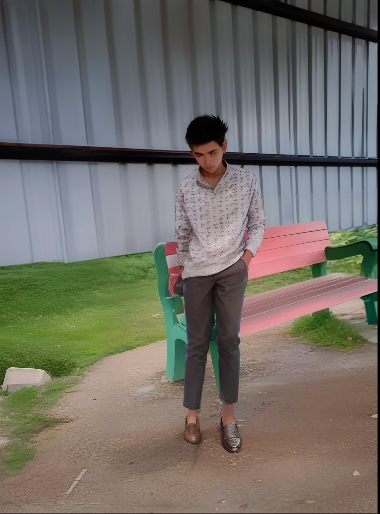 there is a young boy standing next to a bench in a building, stylish pose, with a cool pose, full body picture, with lovely look, dressed with long fluent clothes, distant full body shot, very very low quality picture, distant full body view, sitting on bench, sitting on a bench, candid picture, student, doing an elegant pose, full body photogenic shot