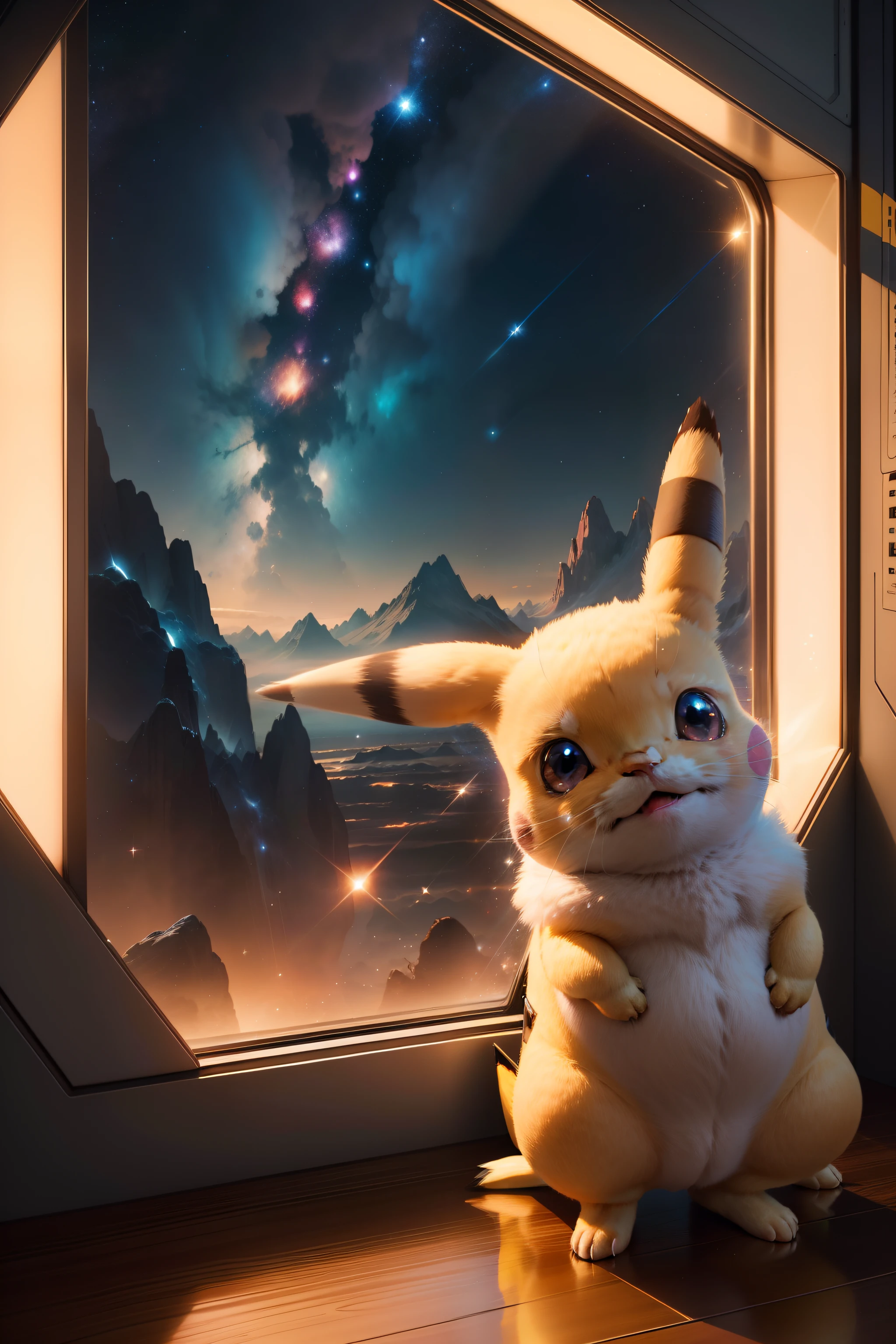 Pikachu stands within the confines of a space station, gazing out through a large window that frames the boundless expanse of stars. Its coffee-colored eyes shimmer with boundless excitement and curiosity, creating a ((masterpiece)) of emotion within the artwork. The view before it is a spectacle of cosmic wonder, depicted in ((best quality)) 8k detail that captures every celestial hue and glimmer. Pikachu's form is ((ultra-detailed)) down to each fur strand, its expression mirroring the awe of the cosmos.
The scene conjures a sense of warmth and intimacy despite the futuristic setting, perfectly blending the comforting and awe-inspiring aspects of science fiction.