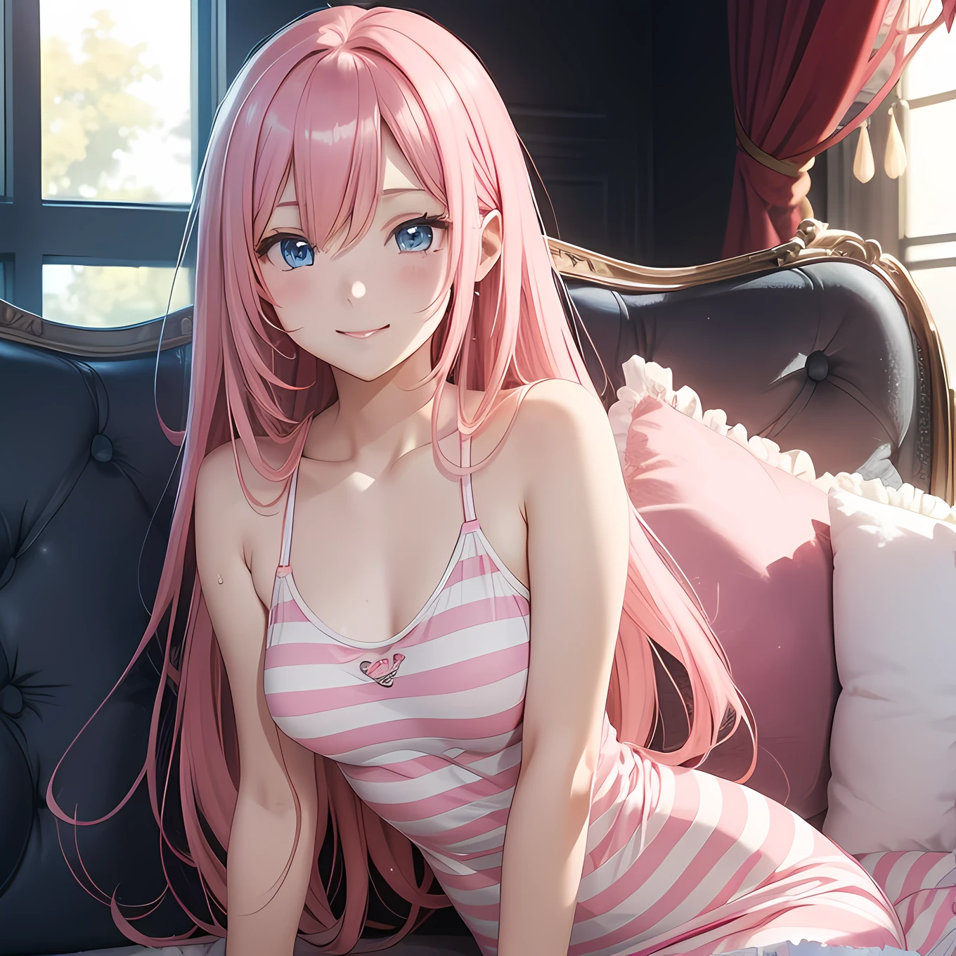 (Megurine Luca)、(Pink Long Hair)、Slender body、(A seductive anime girl)、Beautiful style、beautiful alluring anime woman、(Full body shot)、kindly smile、Masterpiece Portrait、Glowing blue eyes、Relax on the sofa at home、Smiled、Lying、Fluffy and striped loungewear、