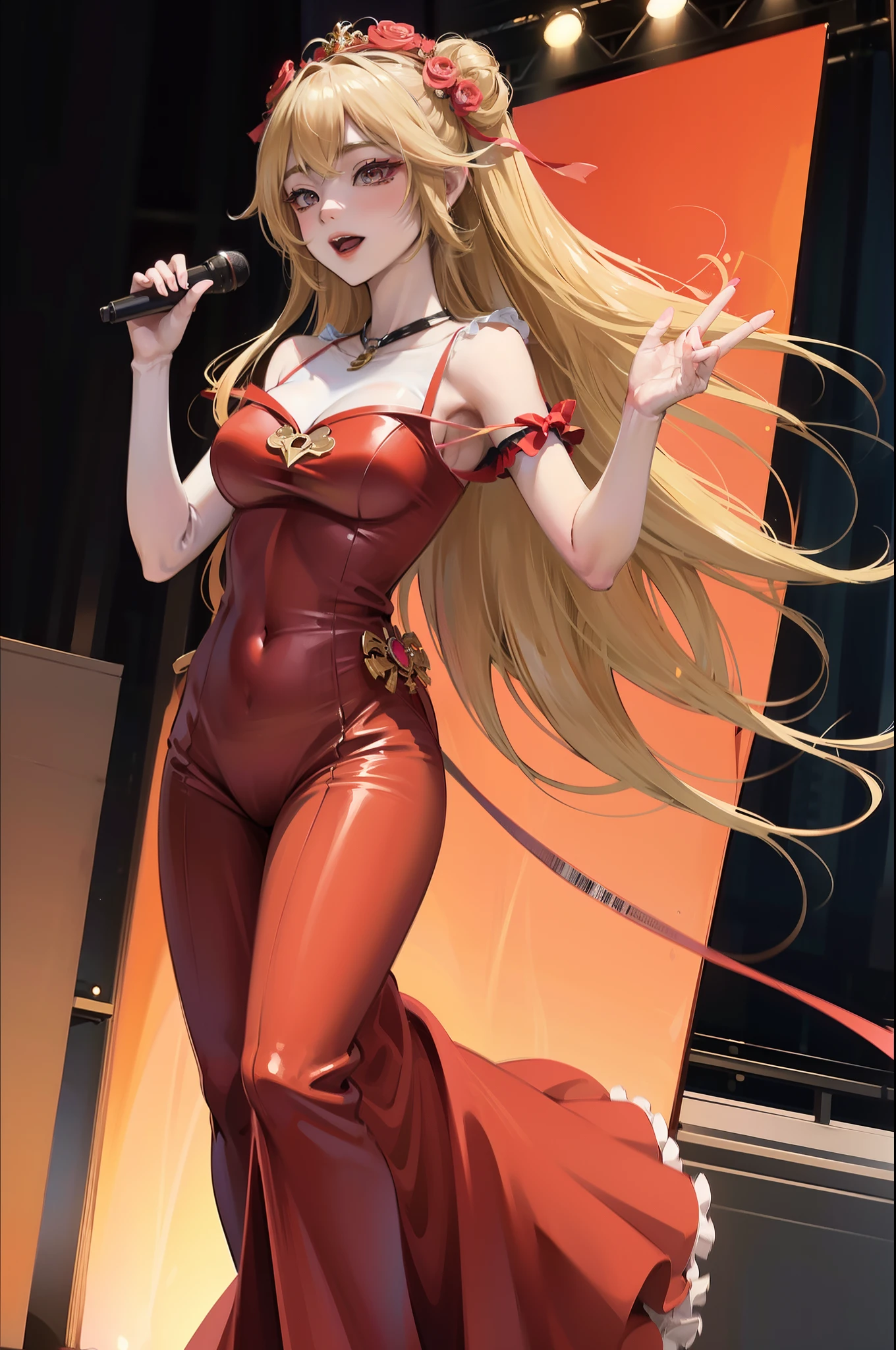 Anime girl in red dress singing into microphone in front of an audience, Extremely detailed Artgerm, Kushatt Krenz Key Art Women, Artistic germ style, Style Artgerm, art-style, IG model | Art germ, Art germ on ArtStation Pixiv, Art germ. High detail, Art germ. anime illustration