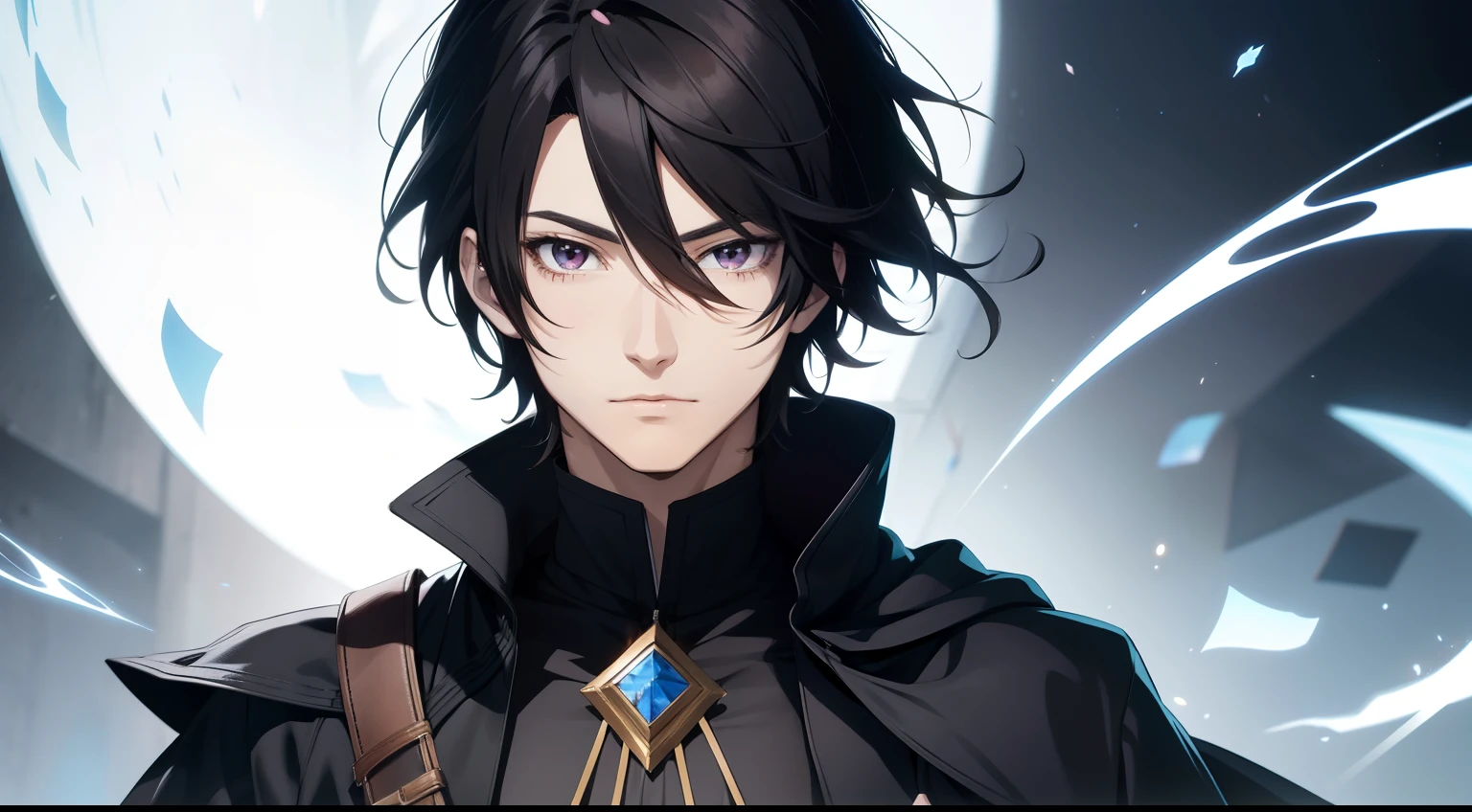 Very detailed anime male:1.5，black color hair，with brown eye，mages，magia