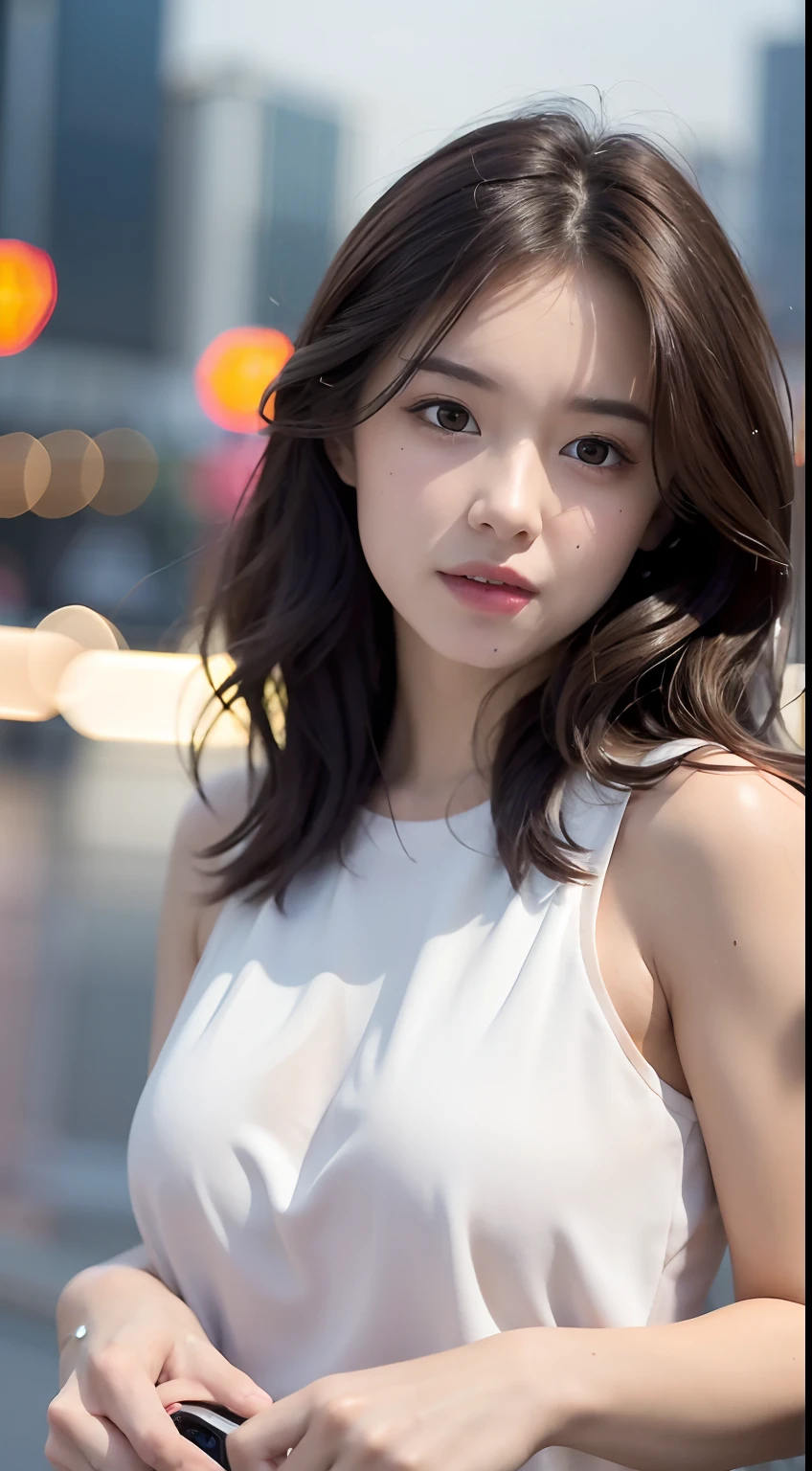 A girl holding a camera, mix4,(8k, RAW photo, best quality, masterpiece:1.2), (realistic, photo-realistic:1.37),1girl,cute,cityscape, night, rain, wet, professional lighting, photon mapping, radiosity, Physically-based rendering, gradient brunette hair, short curly hair, handsome, girly, white ball set, superb picture quality, high resolution, 1080p, (clear face), (detailed face description), (detailed hand description), (masterpiece), (exquisite CG), extreme light and shadow, messy hair, masterpiece, rich detail, (exquisite facial features), (highest image quality), (masterpiece), (detailed eyes), look forward to your eyes, delicate collarbone