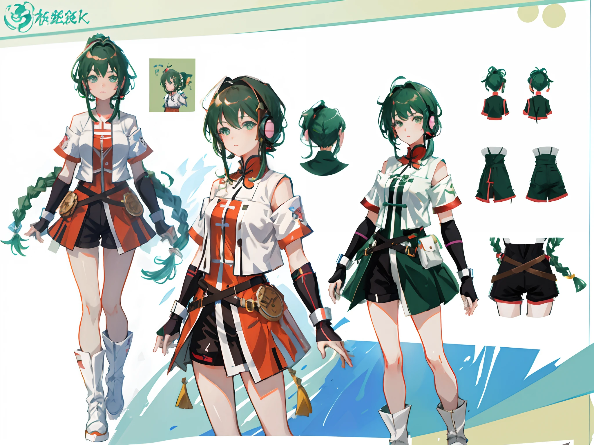 Close up of a girl with blue single ponytail hair,Bring small wired headphones, And wielding a special ax，Wear army-green overalls，Workwear can be a bit of a creative color contrast。Chinese girl design，detailed art，Anime character design，anime concept art，pretty anime character design，anime character reference sheet