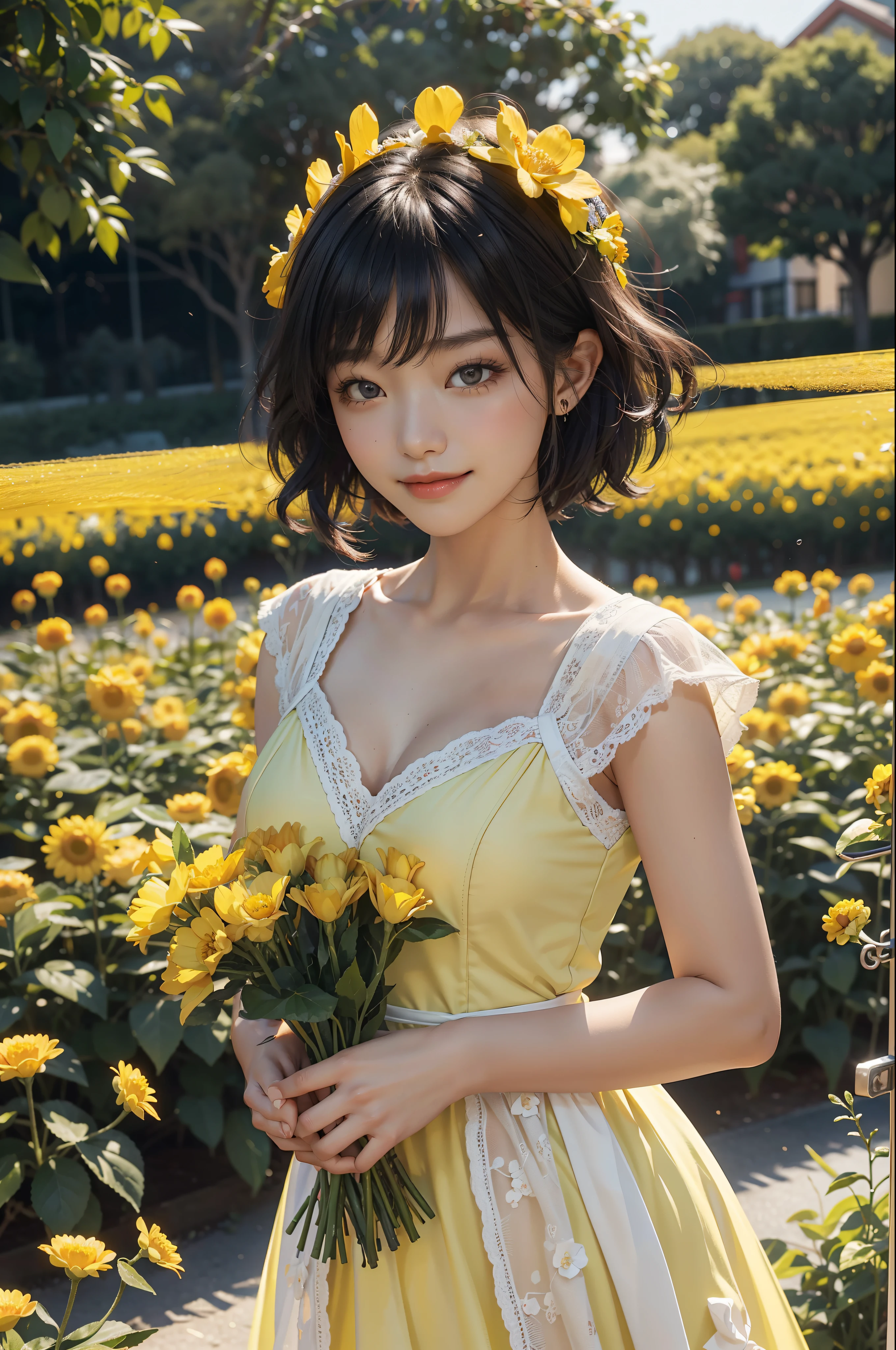 8k super detail、A masterpiece of quality、Best picture quality，超高分辨率，（真实感：1.4），RAW photogr，A cute and well-behaved young girl，Short hair with black shine（1.5 times emphasis），dress in yellow，ellegance，Virtuous，blooming flower field，Glowing skin，Light smile，Bright colors，Shimmering，first person perspective，Wide-angle CG picture