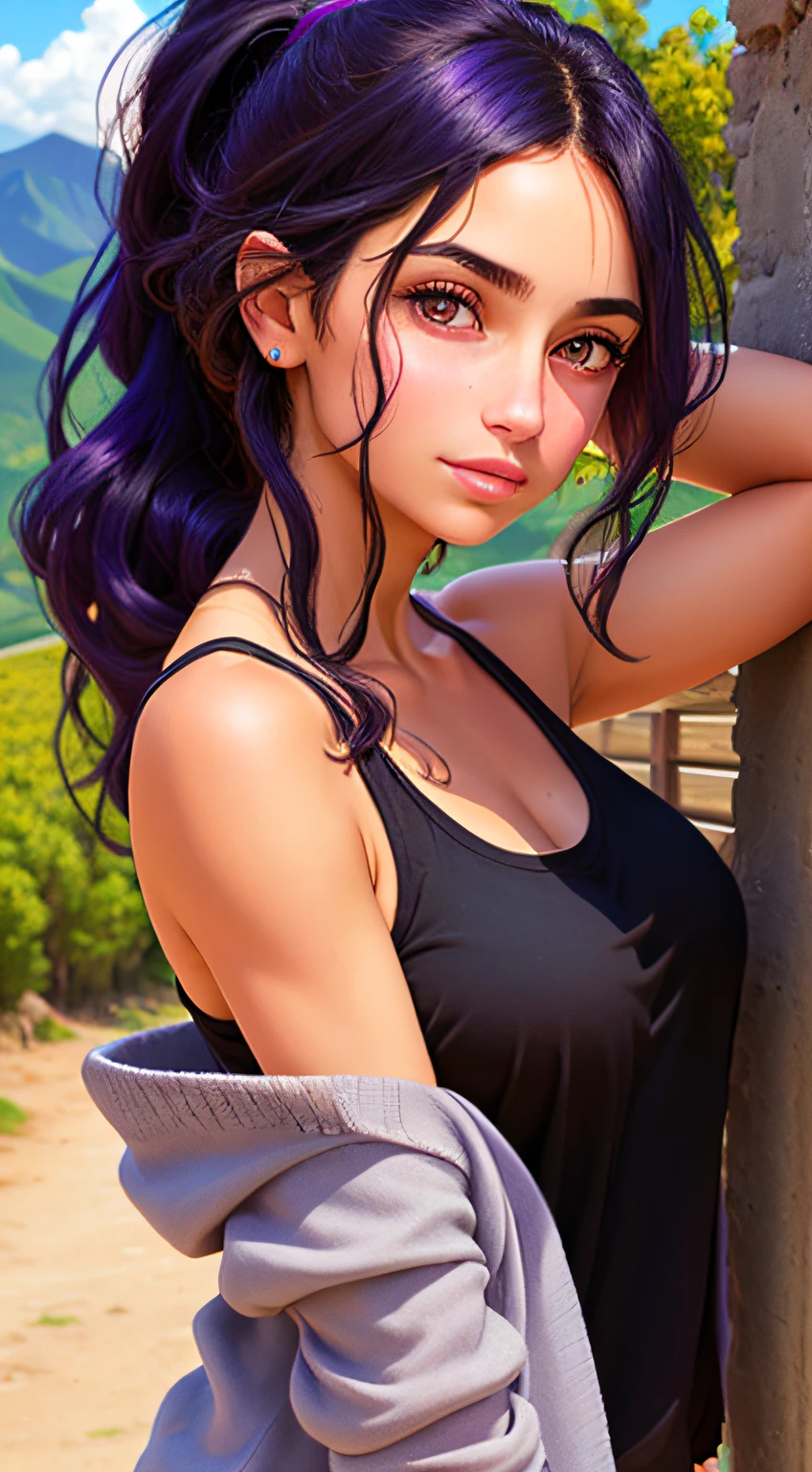 portrait of a confident girl with olive skin, purple eyes,long black hair in a large ponytail, black tank top and a gray cardigan, the background is nature and hills in summer