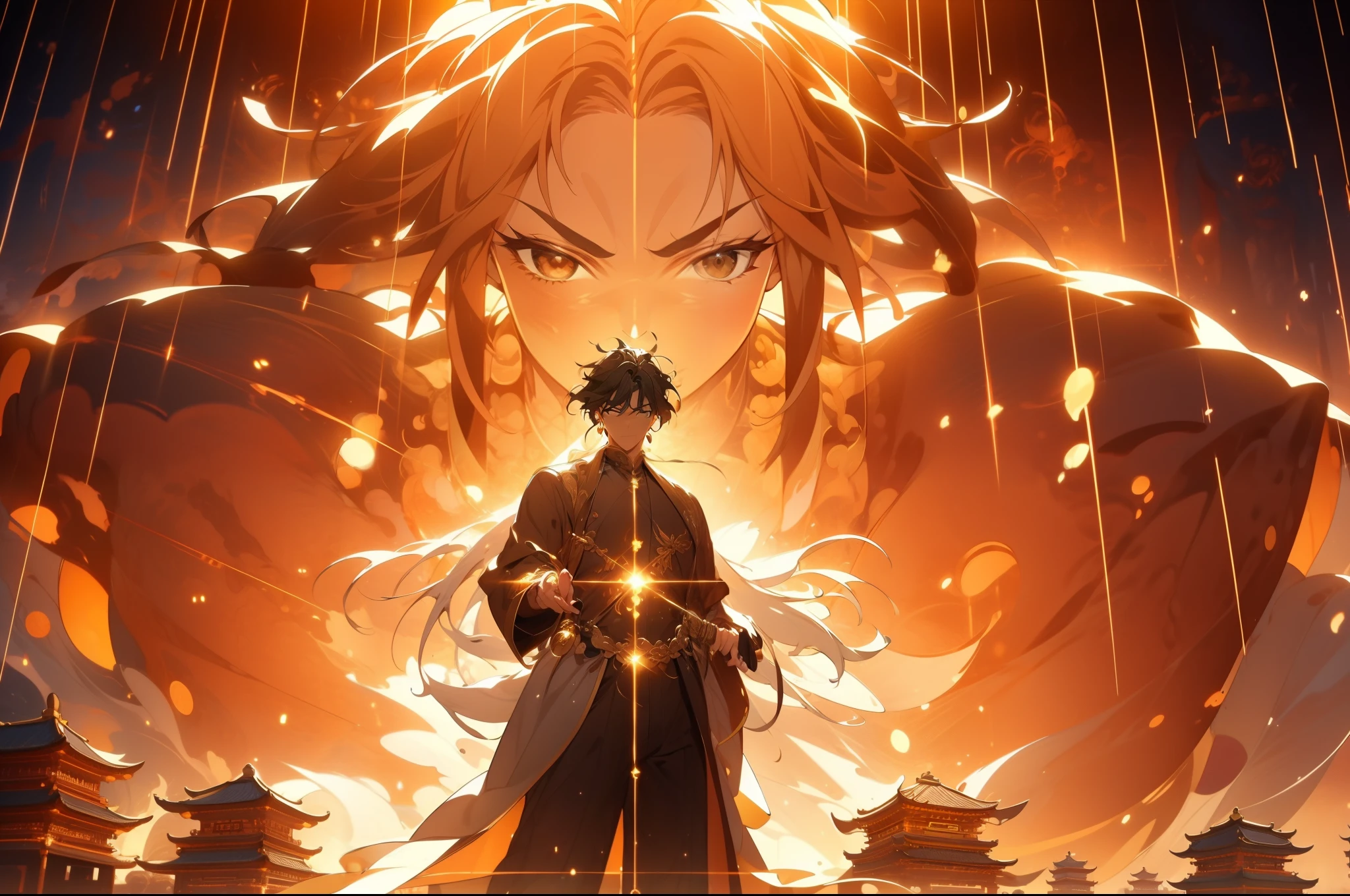 Handsome Taoist priest,(levitating),(the space),(He stood in front of the huge transparent golden light old Taoist。。。。:1.4),(cleanness:1.4),golden colored,The background is the sky of an ancient Chinese city。 Infinite Sword System,Tyndall effect,Glow effects,Anime art style,Romantic graffiti,Meticulous,Realism is popular, New Fauvist style,Knolling,8K,tmasterpiece,super-fine,best qualtiy,8K resolution,tmasterpiece,Works of masters,Detailed pubic hair,Accurate,Epic shooting