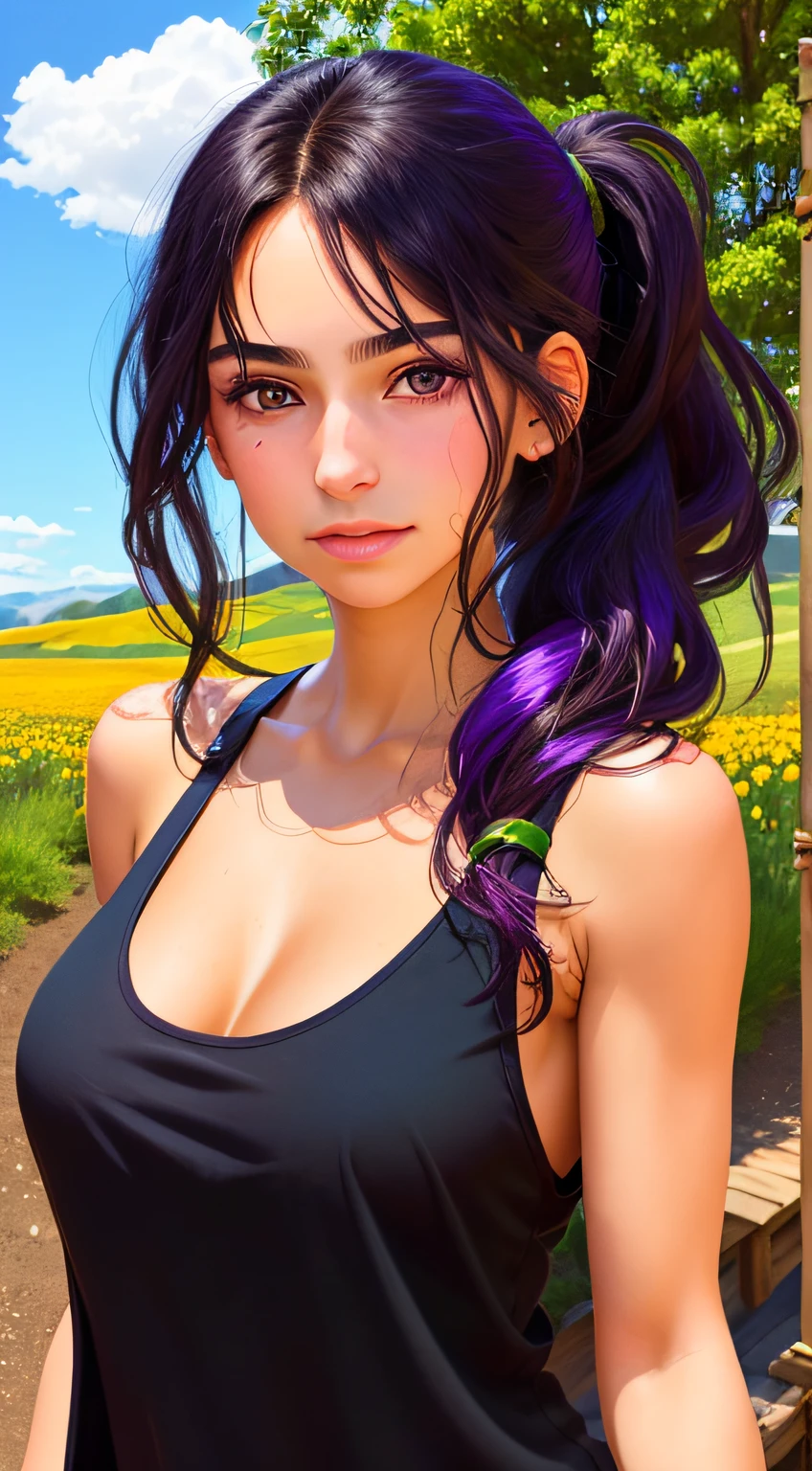 portrait of a confident girl with olive skin, purple eyes,long black hair in a large ponytail, black tank top and a gray cardigan, the background is nature and hills in summer