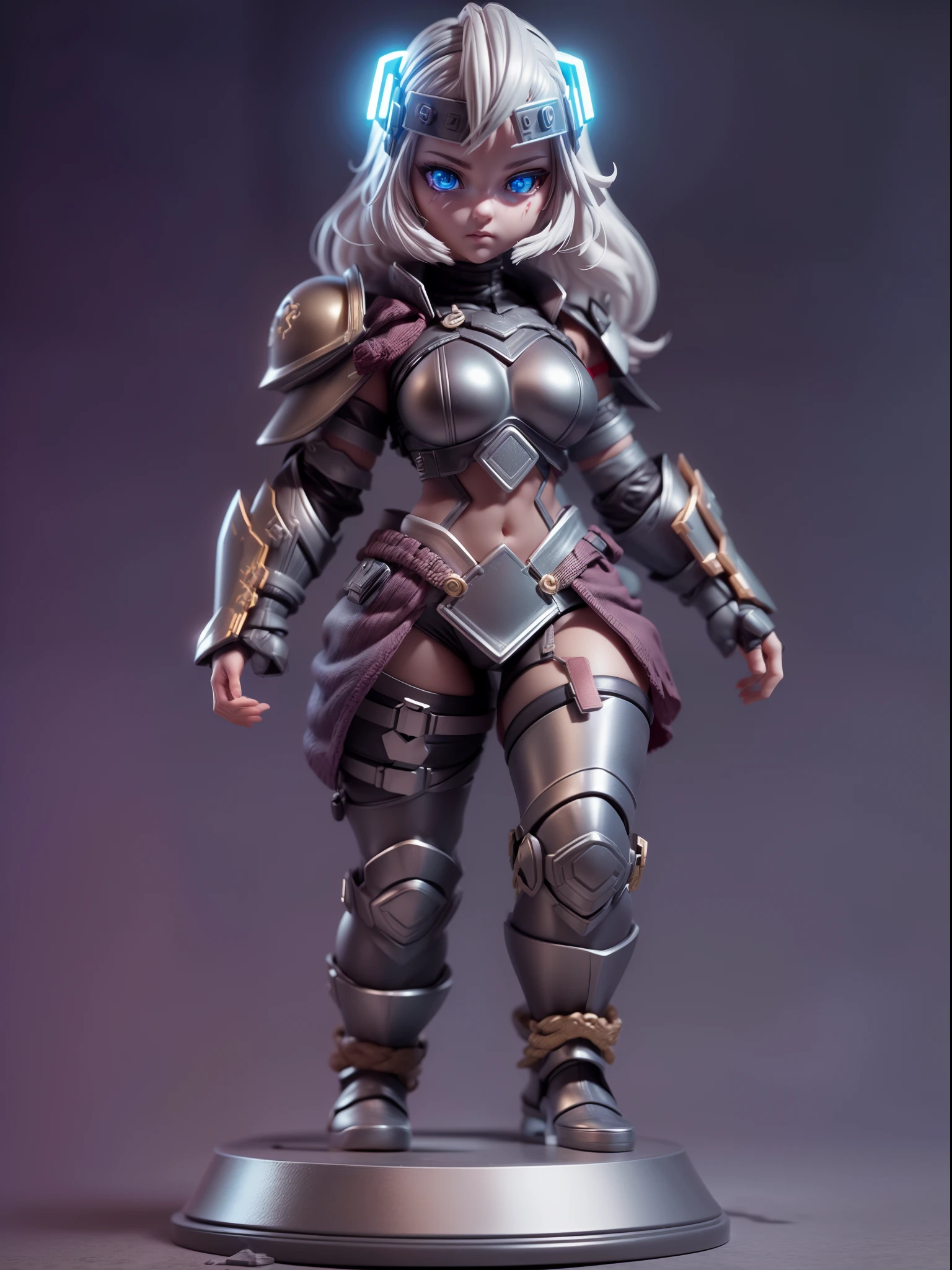 (Blind box toy style:1.2), (Full body shot) , (1 female barbarian)(((solo))) plastic armor，plastic opaque helmet，cyberpunk style, dreamy glow, Clean background,black and silver style，(circular base） ( Global illumination, Ray traching, hdr, unreal render,reasonable design, high detal, Masterpiece, Best quality, hyper HD, Cinematic lighting)
