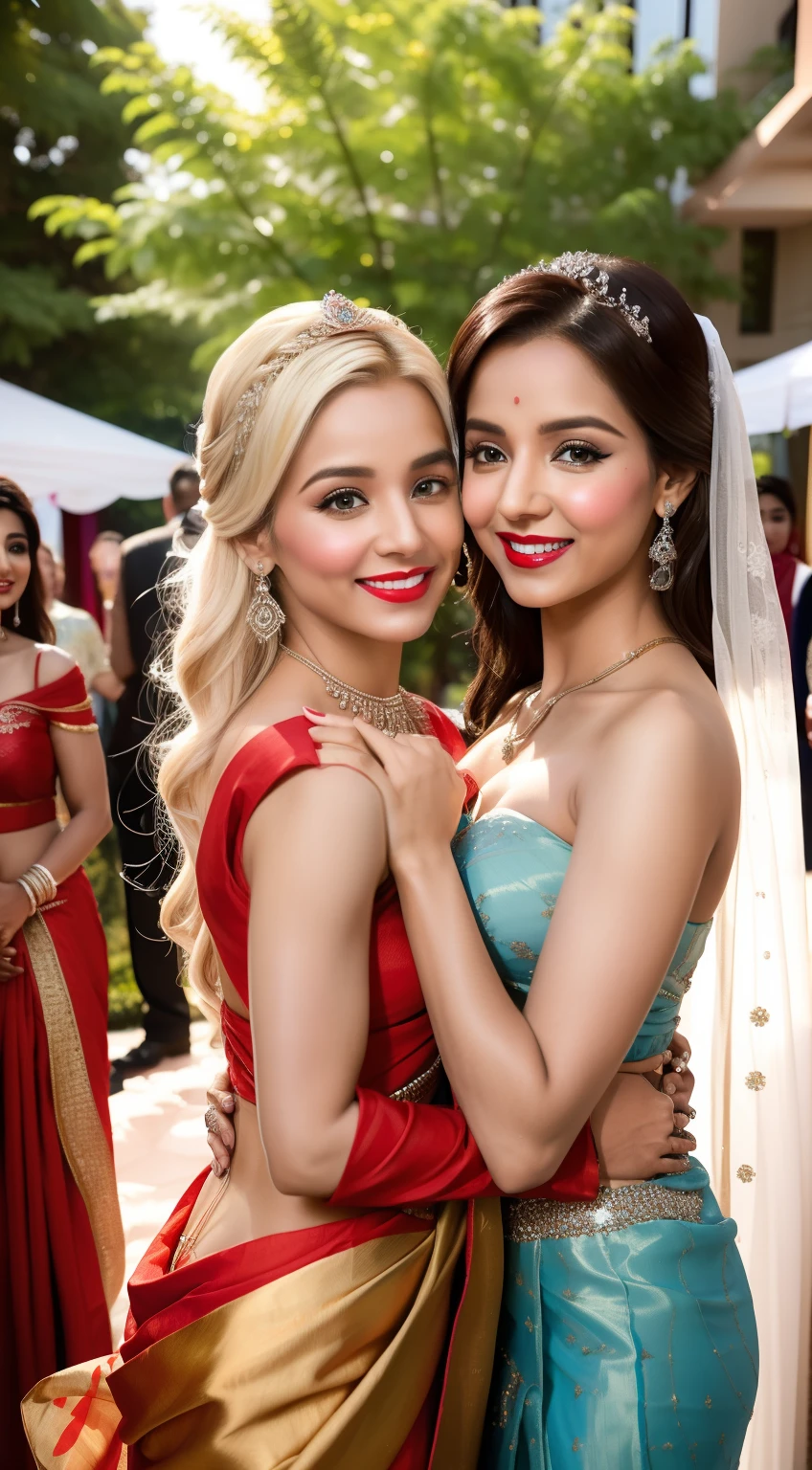 "Elsa Jean and hitik Roshan in a warm embrace, captured in a candid moment. Elsa Jean is adorned with exquisite jewelry, wearing a stunning Indian traditional saree, complemented perfectly by her striking red lipstick. Meanwhile, hitik Roshan looks dashing in a stylish kurta. The scene unfolds at a grand wedding event."