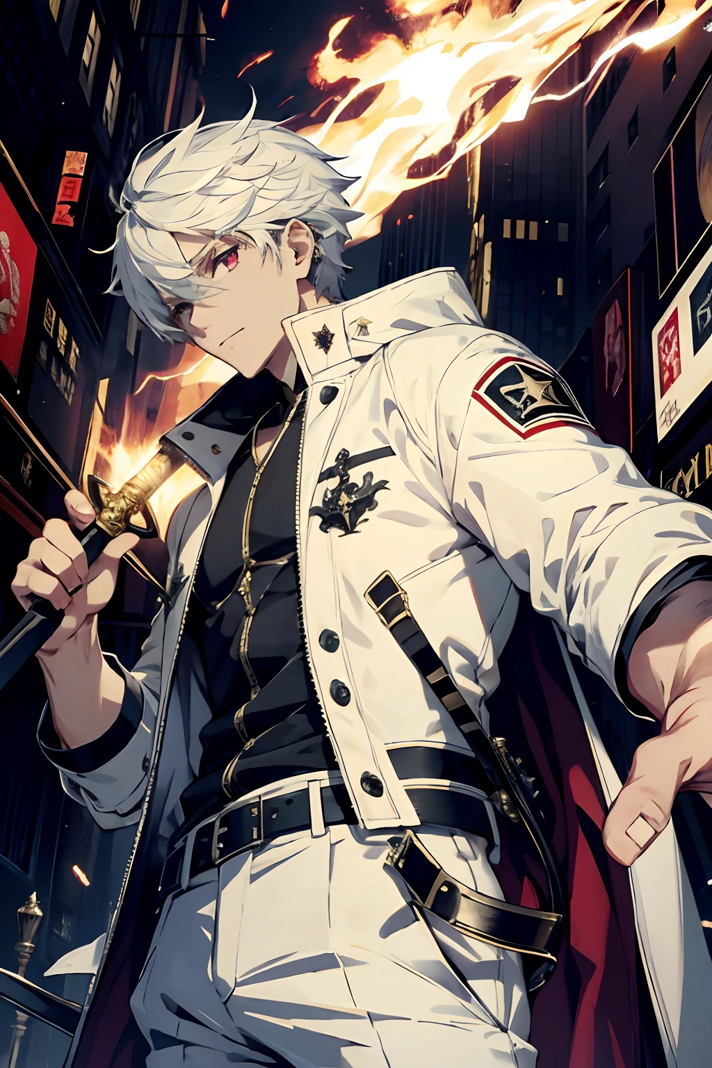 (absurderes,High- sharpness,ultra - detailed), tmasterpiece, Best quality at best, A man dressed in white,White color hair,lounge suit,long windbreaker, wielding a sword, A sword surrounded by flames, 独奏, Handsome, Fine Eye, 详细的脸, short detailed hair, whaite hair, Bright red eyes, Ruined city, deep dark background, from below, looking down below, cow boy shot, swirles, Detective, spark of light