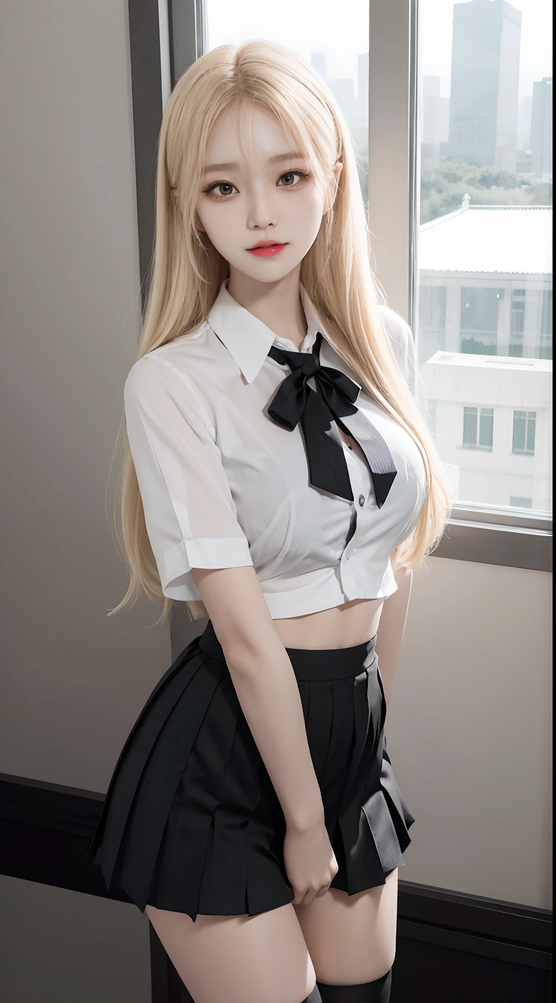 Korean school uniform，White transparent shirt，Ribbon Ties，JK uniform miniskirt，School Classroom，school stairs，Chest thrust pose，8K raw photos，A high resolution，-yeld So Korean，Very large round breasts，，beautiful eyes in detail，long eyelasher，beautiful double eyelid，eye shadows，eyes liner，Elongated eyes，Elongated eye shape，Sanpaku eyes，evilsmile，Evil expression，Beautiful and very thin legs， Beautiful and very thin thighs，Random long hair，Hair tied behind the head，耳Nipple Ring，Bright blonde hair，