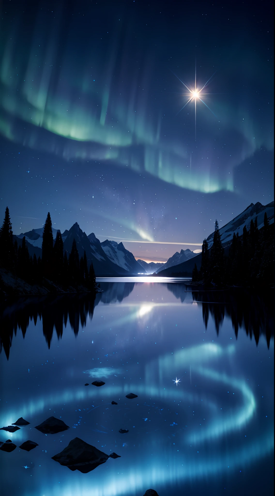 blue-sky，As estrelas，Lake in the middle, magical sparkling lake, Beautiful night sky, magical scenery, nighttime scene, alien breathtaking landscape, Ethereal aurora spirit, Beautiful alien landscape, stars reflecting on the water, Magnificent background, extremely beautiful and ethereal, cosmic starry sky, luminous stellar sky, Cosmos Sky, nighttime nature landscape, stunning alien landscape, dream scenery art，