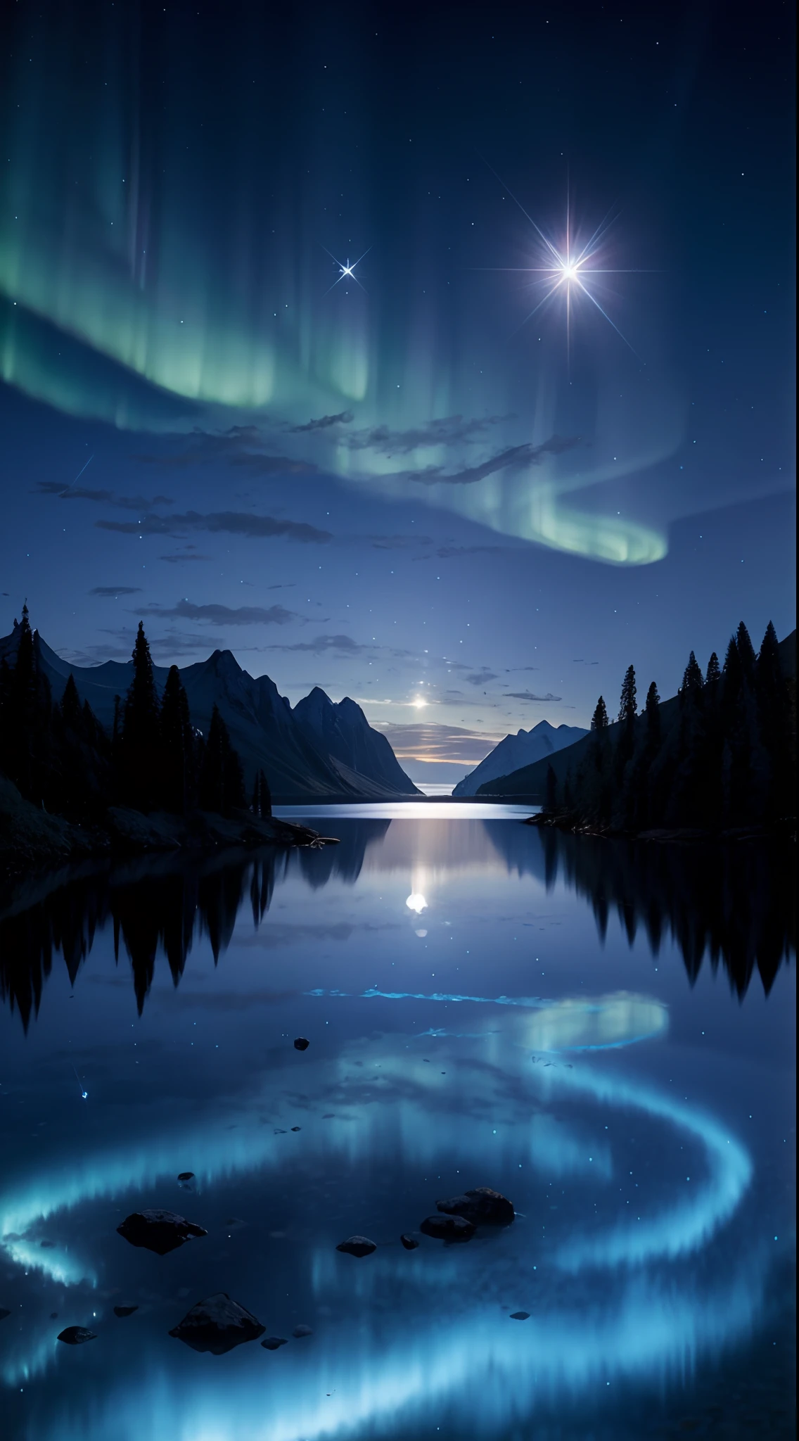 blue-sky,As estrelas,Lake in the middle, magical sparkling lake, Beautiful night sky, magical scenery, nighttime scene, alien breathtaking landscape, Ethereal aurora spirit, Beautiful alien landscape, stars reflecting on the water, Magnificent background, extremely beautiful and ethereal, cosmic starry sky, luminous stellar sky, Cosmos Sky, nighttime nature landscape, stunning alien landscape, dream scenery art,